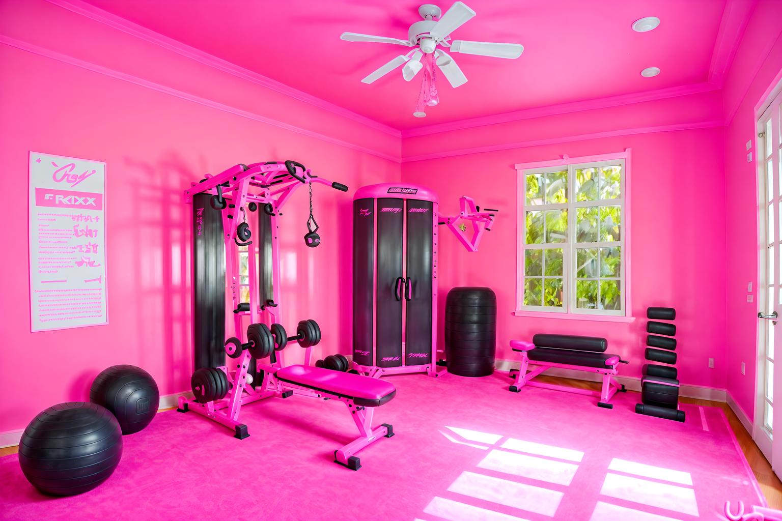 hot pink-style (fitness gym interior) with dumbbell stand and exercise bicycle and squat rack and bench press and crosstrainer and dumbbell stand. . with barbie style interior and hot pink barbie walls and barbie sofa and hot pink barbie colors and barbie plastic interior and barbie bold rosy hues like fuchsia and magenta and barbie chairs and barbie closet. . cinematic photo, highly detailed, cinematic lighting, ultra-detailed, ultrarealistic, photorealism, 8k. hot pink interior design style. masterpiece, cinematic light, ultrarealistic+, photorealistic+, 8k, raw photo, realistic, sharp focus on eyes, (symmetrical eyes), (intact eyes), hyperrealistic, highest quality, best quality, , highly detailed, masterpiece, best quality, extremely detailed 8k wallpaper, masterpiece, best quality, ultra-detailed, best shadow, detailed background, detailed face, detailed eyes, high contrast, best illumination, detailed face, dulux, caustic, dynamic angle, detailed glow. dramatic lighting. highly detailed, insanely detailed hair, symmetrical, intricate details, professionally retouched, 8k high definition. strong bokeh. award winning photo.