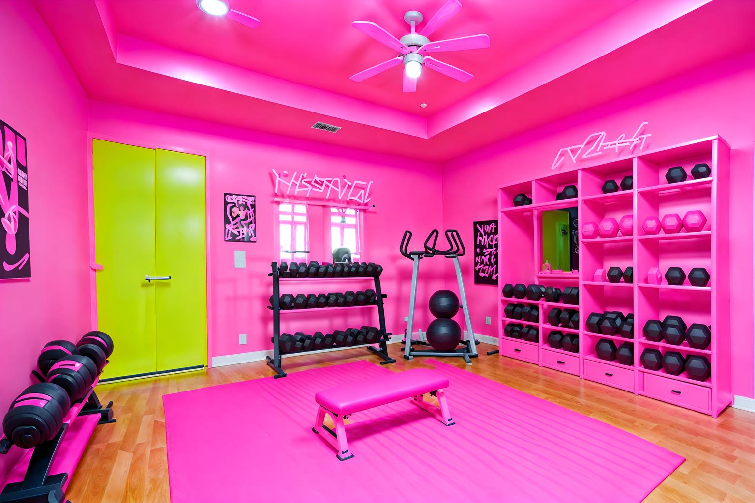 hot pink-style (fitness gym interior) with dumbbell stand and exercise bicycle and squat rack and bench press and crosstrainer and dumbbell stand. . with barbie style interior and hot pink barbie walls and barbie sofa and hot pink barbie colors and barbie plastic interior and barbie bold rosy hues like fuchsia and magenta and barbie chairs and barbie closet. . cinematic photo, highly detailed, cinematic lighting, ultra-detailed, ultrarealistic, photorealism, 8k. hot pink interior design style. masterpiece, cinematic light, ultrarealistic+, photorealistic+, 8k, raw photo, realistic, sharp focus on eyes, (symmetrical eyes), (intact eyes), hyperrealistic, highest quality, best quality, , highly detailed, masterpiece, best quality, extremely detailed 8k wallpaper, masterpiece, best quality, ultra-detailed, best shadow, detailed background, detailed face, detailed eyes, high contrast, best illumination, detailed face, dulux, caustic, dynamic angle, detailed glow. dramatic lighting. highly detailed, insanely detailed hair, symmetrical, intricate details, professionally retouched, 8k high definition. strong bokeh. award winning photo.