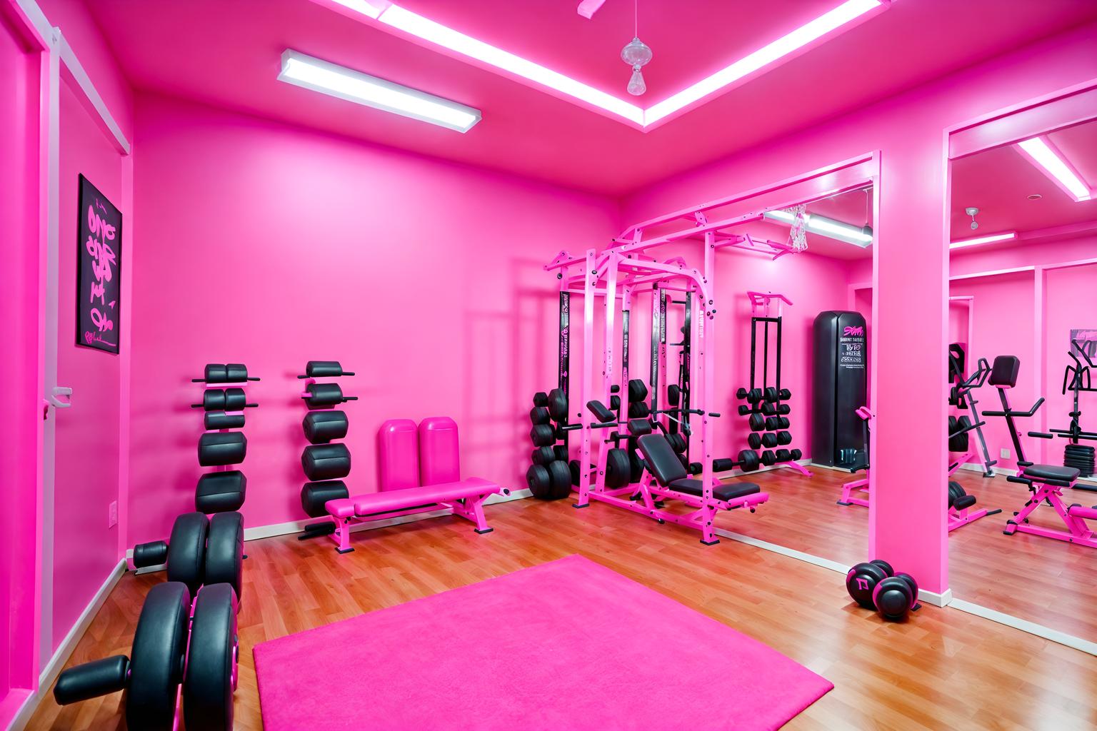 hot pink-style (fitness gym interior) with dumbbell stand and exercise bicycle and squat rack and bench press and crosstrainer and dumbbell stand. . with barbie style interior and hot pink barbie walls and barbie sofa and hot pink barbie colors and barbie plastic interior and barbie bold rosy hues like fuchsia and magenta and barbie chairs and barbie closet. . cinematic photo, highly detailed, cinematic lighting, ultra-detailed, ultrarealistic, photorealism, 8k. hot pink interior design style. masterpiece, cinematic light, ultrarealistic+, photorealistic+, 8k, raw photo, realistic, sharp focus on eyes, (symmetrical eyes), (intact eyes), hyperrealistic, highest quality, best quality, , highly detailed, masterpiece, best quality, extremely detailed 8k wallpaper, masterpiece, best quality, ultra-detailed, best shadow, detailed background, detailed face, detailed eyes, high contrast, best illumination, detailed face, dulux, caustic, dynamic angle, detailed glow. dramatic lighting. highly detailed, insanely detailed hair, symmetrical, intricate details, professionally retouched, 8k high definition. strong bokeh. award winning photo.