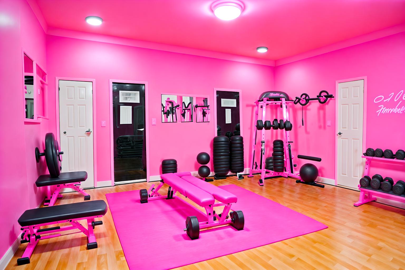 hot pink-style (fitness gym interior) with dumbbell stand and exercise bicycle and squat rack and bench press and crosstrainer and dumbbell stand. . with barbie style interior and hot pink barbie walls and barbie sofa and hot pink barbie colors and barbie plastic interior and barbie bold rosy hues like fuchsia and magenta and barbie chairs and barbie closet. . cinematic photo, highly detailed, cinematic lighting, ultra-detailed, ultrarealistic, photorealism, 8k. hot pink interior design style. masterpiece, cinematic light, ultrarealistic+, photorealistic+, 8k, raw photo, realistic, sharp focus on eyes, (symmetrical eyes), (intact eyes), hyperrealistic, highest quality, best quality, , highly detailed, masterpiece, best quality, extremely detailed 8k wallpaper, masterpiece, best quality, ultra-detailed, best shadow, detailed background, detailed face, detailed eyes, high contrast, best illumination, detailed face, dulux, caustic, dynamic angle, detailed glow. dramatic lighting. highly detailed, insanely detailed hair, symmetrical, intricate details, professionally retouched, 8k high definition. strong bokeh. award winning photo.