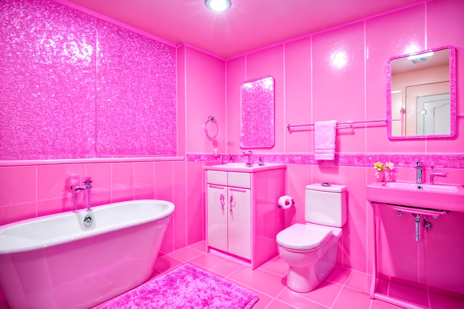 hot pink-style (bathroom interior) with toilet seat and bathroom cabinet and waste basket and shower and bath towel and bathtub and mirror and plant. . with barbie sofa and barbie chairs and barbie closet and hot pink barbie colors and barbie plastic interior and barbie style interior and barbie bold rosy hues like fuchsia and magenta and barbie glitter and sparkle. . cinematic photo, highly detailed, cinematic lighting, ultra-detailed, ultrarealistic, photorealism, 8k. hot pink interior design style. masterpiece, cinematic light, ultrarealistic+, photorealistic+, 8k, raw photo, realistic, sharp focus on eyes, (symmetrical eyes), (intact eyes), hyperrealistic, highest quality, best quality, , highly detailed, masterpiece, best quality, extremely detailed 8k wallpaper, masterpiece, best quality, ultra-detailed, best shadow, detailed background, detailed face, detailed eyes, high contrast, best illumination, detailed face, dulux, caustic, dynamic angle, detailed glow. dramatic lighting. highly detailed, insanely detailed hair, symmetrical, intricate details, professionally retouched, 8k high definition. strong bokeh. award winning photo.