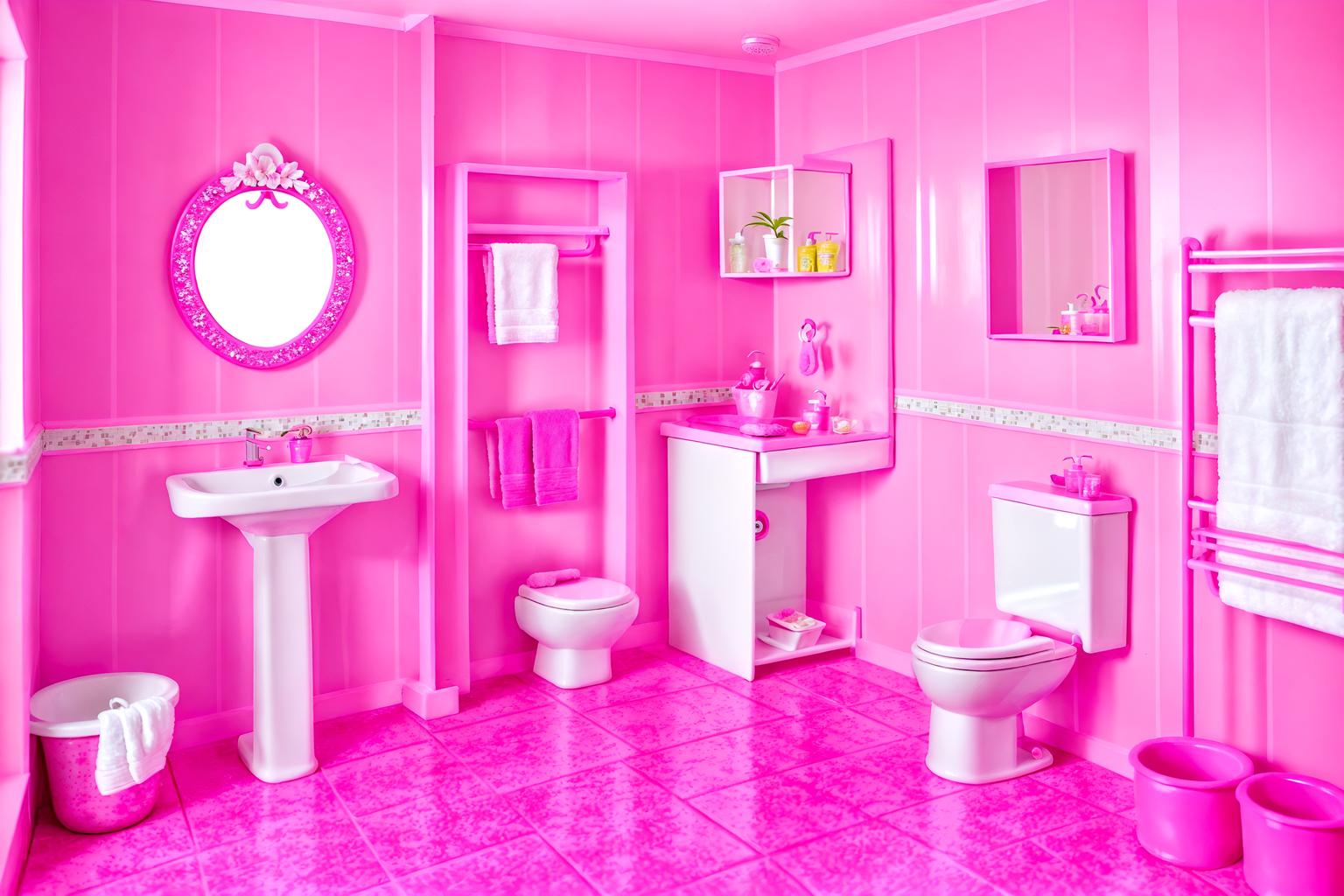 hot pink-style (bathroom interior) with toilet seat and bathroom cabinet and waste basket and shower and bath towel and bathtub and mirror and plant. . with barbie sofa and barbie chairs and barbie closet and hot pink barbie colors and barbie plastic interior and barbie style interior and barbie bold rosy hues like fuchsia and magenta and barbie glitter and sparkle. . cinematic photo, highly detailed, cinematic lighting, ultra-detailed, ultrarealistic, photorealism, 8k. hot pink interior design style. masterpiece, cinematic light, ultrarealistic+, photorealistic+, 8k, raw photo, realistic, sharp focus on eyes, (symmetrical eyes), (intact eyes), hyperrealistic, highest quality, best quality, , highly detailed, masterpiece, best quality, extremely detailed 8k wallpaper, masterpiece, best quality, ultra-detailed, best shadow, detailed background, detailed face, detailed eyes, high contrast, best illumination, detailed face, dulux, caustic, dynamic angle, detailed glow. dramatic lighting. highly detailed, insanely detailed hair, symmetrical, intricate details, professionally retouched, 8k high definition. strong bokeh. award winning photo.