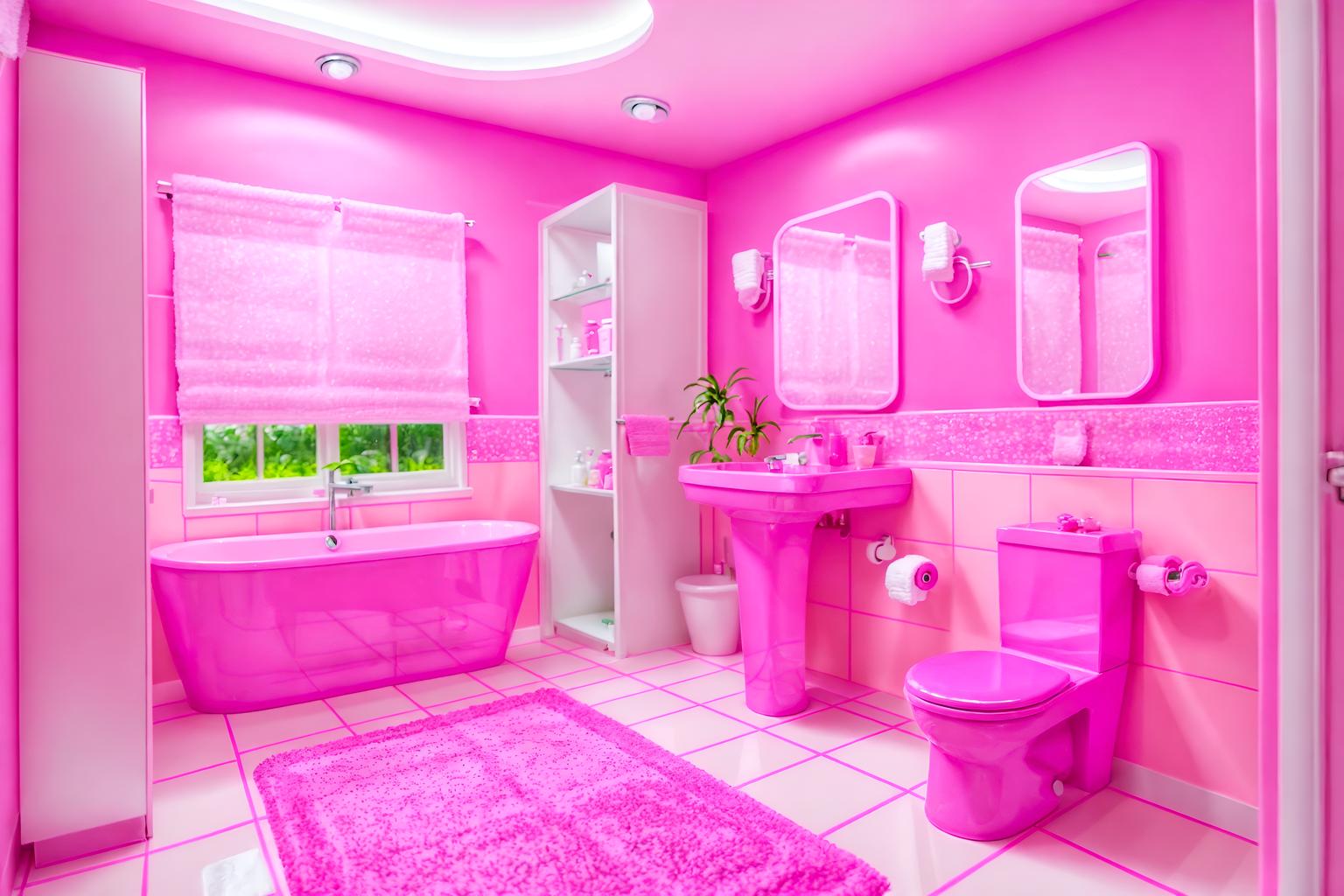 hot pink-style (bathroom interior) with toilet seat and bathroom cabinet and waste basket and shower and bath towel and bathtub and mirror and plant. . with barbie sofa and barbie chairs and barbie closet and hot pink barbie colors and barbie plastic interior and barbie style interior and barbie bold rosy hues like fuchsia and magenta and barbie glitter and sparkle. . cinematic photo, highly detailed, cinematic lighting, ultra-detailed, ultrarealistic, photorealism, 8k. hot pink interior design style. masterpiece, cinematic light, ultrarealistic+, photorealistic+, 8k, raw photo, realistic, sharp focus on eyes, (symmetrical eyes), (intact eyes), hyperrealistic, highest quality, best quality, , highly detailed, masterpiece, best quality, extremely detailed 8k wallpaper, masterpiece, best quality, ultra-detailed, best shadow, detailed background, detailed face, detailed eyes, high contrast, best illumination, detailed face, dulux, caustic, dynamic angle, detailed glow. dramatic lighting. highly detailed, insanely detailed hair, symmetrical, intricate details, professionally retouched, 8k high definition. strong bokeh. award winning photo.