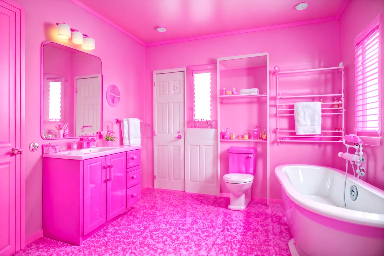 hot pink-style (bathroom interior) with toilet seat and bathroom cabinet and waste basket and shower and bath towel and bathtub and mirror and plant. . with barbie sofa and barbie chairs and barbie closet and hot pink barbie colors and barbie plastic interior and barbie style interior and barbie bold rosy hues like fuchsia and magenta and barbie glitter and sparkle. . cinematic photo, highly detailed, cinematic lighting, ultra-detailed, ultrarealistic, photorealism, 8k. hot pink interior design style. masterpiece, cinematic light, ultrarealistic+, photorealistic+, 8k, raw photo, realistic, sharp focus on eyes, (symmetrical eyes), (intact eyes), hyperrealistic, highest quality, best quality, , highly detailed, masterpiece, best quality, extremely detailed 8k wallpaper, masterpiece, best quality, ultra-detailed, best shadow, detailed background, detailed face, detailed eyes, high contrast, best illumination, detailed face, dulux, caustic, dynamic angle, detailed glow. dramatic lighting. highly detailed, insanely detailed hair, symmetrical, intricate details, professionally retouched, 8k high definition. strong bokeh. award winning photo.