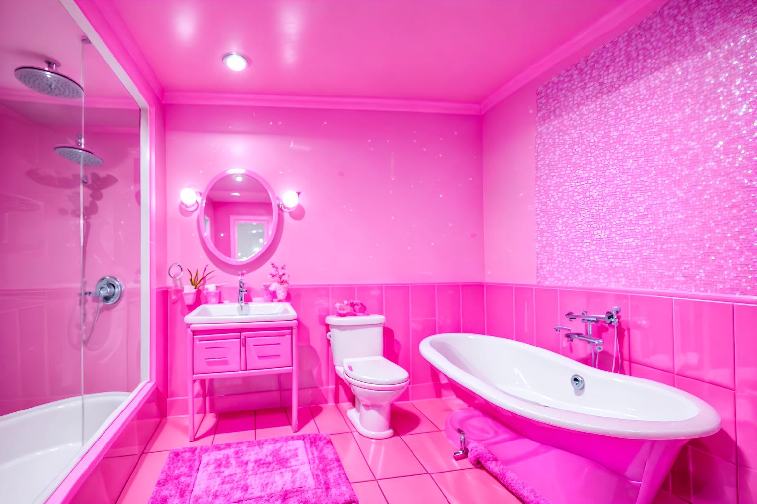 hot pink-style (bathroom interior) with toilet seat and bathroom cabinet and waste basket and shower and bath towel and bathtub and mirror and plant. . with barbie sofa and barbie chairs and barbie closet and hot pink barbie colors and barbie plastic interior and barbie style interior and barbie bold rosy hues like fuchsia and magenta and barbie glitter and sparkle. . cinematic photo, highly detailed, cinematic lighting, ultra-detailed, ultrarealistic, photorealism, 8k. hot pink interior design style. masterpiece, cinematic light, ultrarealistic+, photorealistic+, 8k, raw photo, realistic, sharp focus on eyes, (symmetrical eyes), (intact eyes), hyperrealistic, highest quality, best quality, , highly detailed, masterpiece, best quality, extremely detailed 8k wallpaper, masterpiece, best quality, ultra-detailed, best shadow, detailed background, detailed face, detailed eyes, high contrast, best illumination, detailed face, dulux, caustic, dynamic angle, detailed glow. dramatic lighting. highly detailed, insanely detailed hair, symmetrical, intricate details, professionally retouched, 8k high definition. strong bokeh. award winning photo.