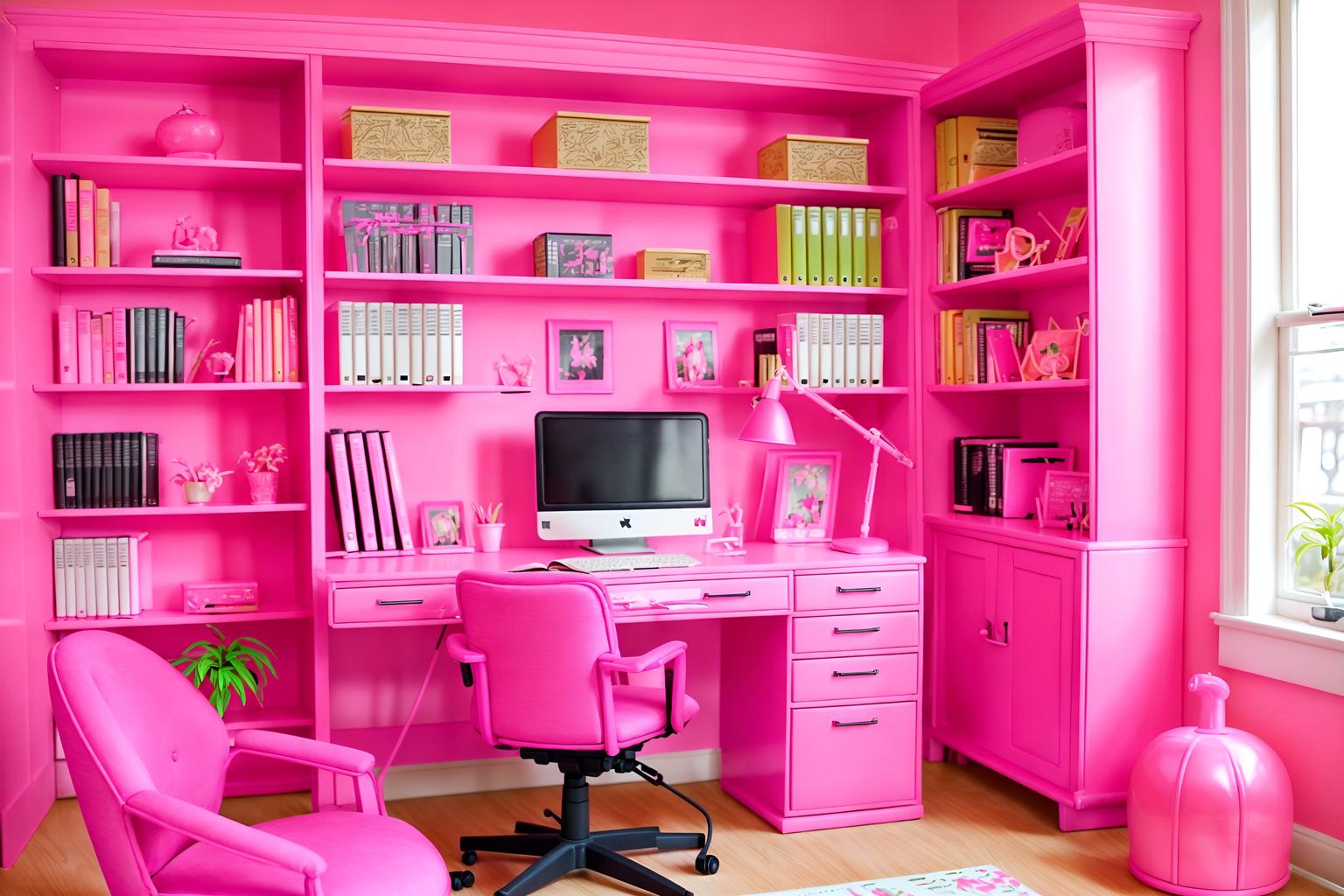 hot pink-style (study room interior) with plant and bookshelves and lounge chair and cabinets and office chair and writing desk and desk lamp and plant. . with barbie sofa and barbie bold rosy hues like fuchsia and magenta and barbie glitter and sparkle and barbie plastic interior and hot pink barbie walls and barbie chairs and hot pink barbie colors and barbie closet. . cinematic photo, highly detailed, cinematic lighting, ultra-detailed, ultrarealistic, photorealism, 8k. hot pink interior design style. masterpiece, cinematic light, ultrarealistic+, photorealistic+, 8k, raw photo, realistic, sharp focus on eyes, (symmetrical eyes), (intact eyes), hyperrealistic, highest quality, best quality, , highly detailed, masterpiece, best quality, extremely detailed 8k wallpaper, masterpiece, best quality, ultra-detailed, best shadow, detailed background, detailed face, detailed eyes, high contrast, best illumination, detailed face, dulux, caustic, dynamic angle, detailed glow. dramatic lighting. highly detailed, insanely detailed hair, symmetrical, intricate details, professionally retouched, 8k high definition. strong bokeh. award winning photo.