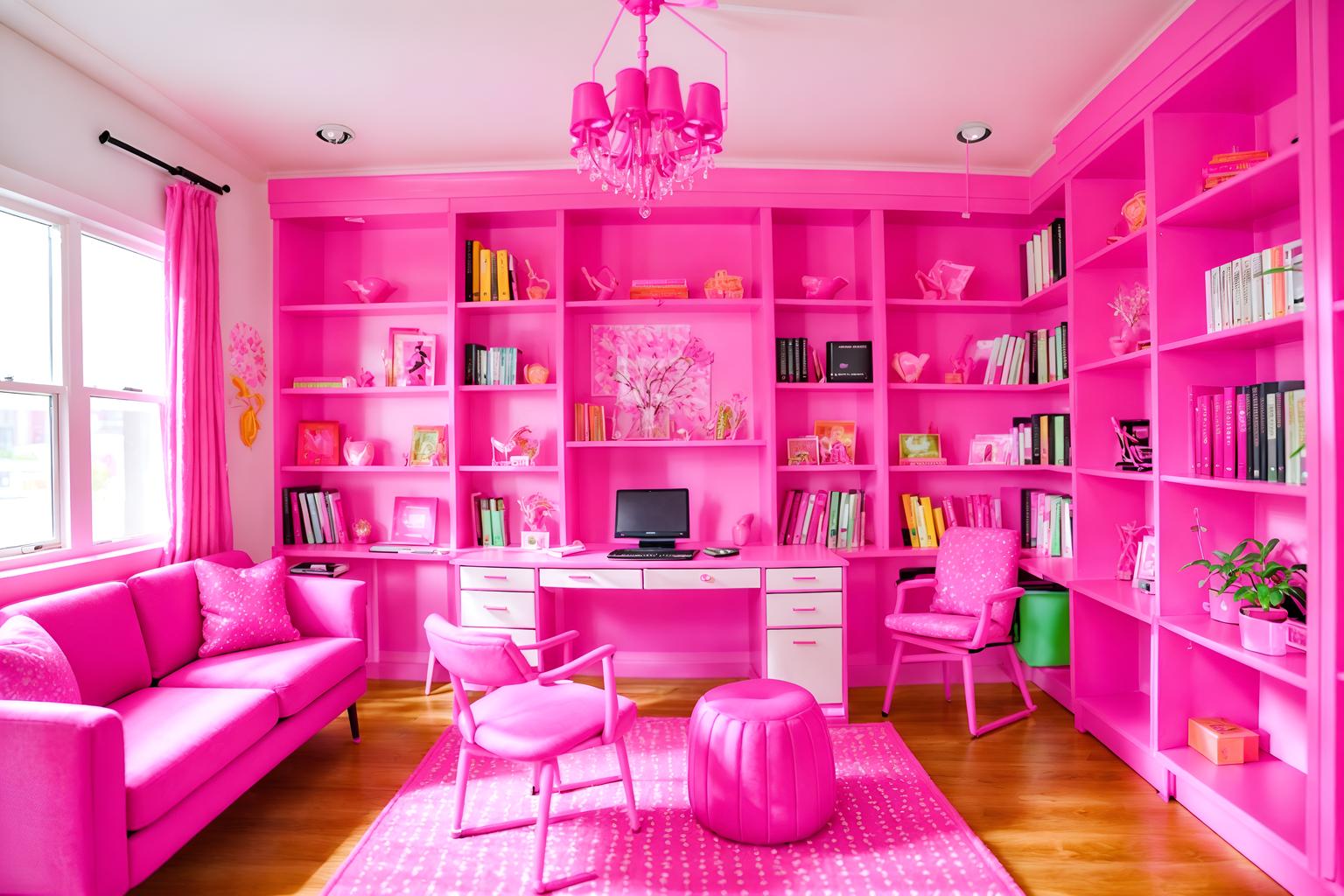 hot pink-style (study room interior) with plant and bookshelves and lounge chair and cabinets and office chair and writing desk and desk lamp and plant. . with barbie sofa and barbie bold rosy hues like fuchsia and magenta and barbie glitter and sparkle and barbie plastic interior and hot pink barbie walls and barbie chairs and hot pink barbie colors and barbie closet. . cinematic photo, highly detailed, cinematic lighting, ultra-detailed, ultrarealistic, photorealism, 8k. hot pink interior design style. masterpiece, cinematic light, ultrarealistic+, photorealistic+, 8k, raw photo, realistic, sharp focus on eyes, (symmetrical eyes), (intact eyes), hyperrealistic, highest quality, best quality, , highly detailed, masterpiece, best quality, extremely detailed 8k wallpaper, masterpiece, best quality, ultra-detailed, best shadow, detailed background, detailed face, detailed eyes, high contrast, best illumination, detailed face, dulux, caustic, dynamic angle, detailed glow. dramatic lighting. highly detailed, insanely detailed hair, symmetrical, intricate details, professionally retouched, 8k high definition. strong bokeh. award winning photo.