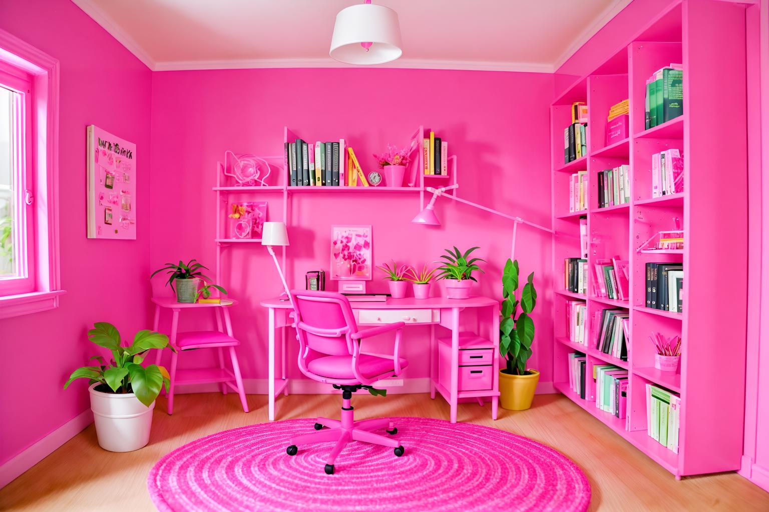 hot pink-style (study room interior) with plant and bookshelves and lounge chair and cabinets and office chair and writing desk and desk lamp and plant. . with barbie sofa and barbie bold rosy hues like fuchsia and magenta and barbie glitter and sparkle and barbie plastic interior and hot pink barbie walls and barbie chairs and hot pink barbie colors and barbie closet. . cinematic photo, highly detailed, cinematic lighting, ultra-detailed, ultrarealistic, photorealism, 8k. hot pink interior design style. masterpiece, cinematic light, ultrarealistic+, photorealistic+, 8k, raw photo, realistic, sharp focus on eyes, (symmetrical eyes), (intact eyes), hyperrealistic, highest quality, best quality, , highly detailed, masterpiece, best quality, extremely detailed 8k wallpaper, masterpiece, best quality, ultra-detailed, best shadow, detailed background, detailed face, detailed eyes, high contrast, best illumination, detailed face, dulux, caustic, dynamic angle, detailed glow. dramatic lighting. highly detailed, insanely detailed hair, symmetrical, intricate details, professionally retouched, 8k high definition. strong bokeh. award winning photo.