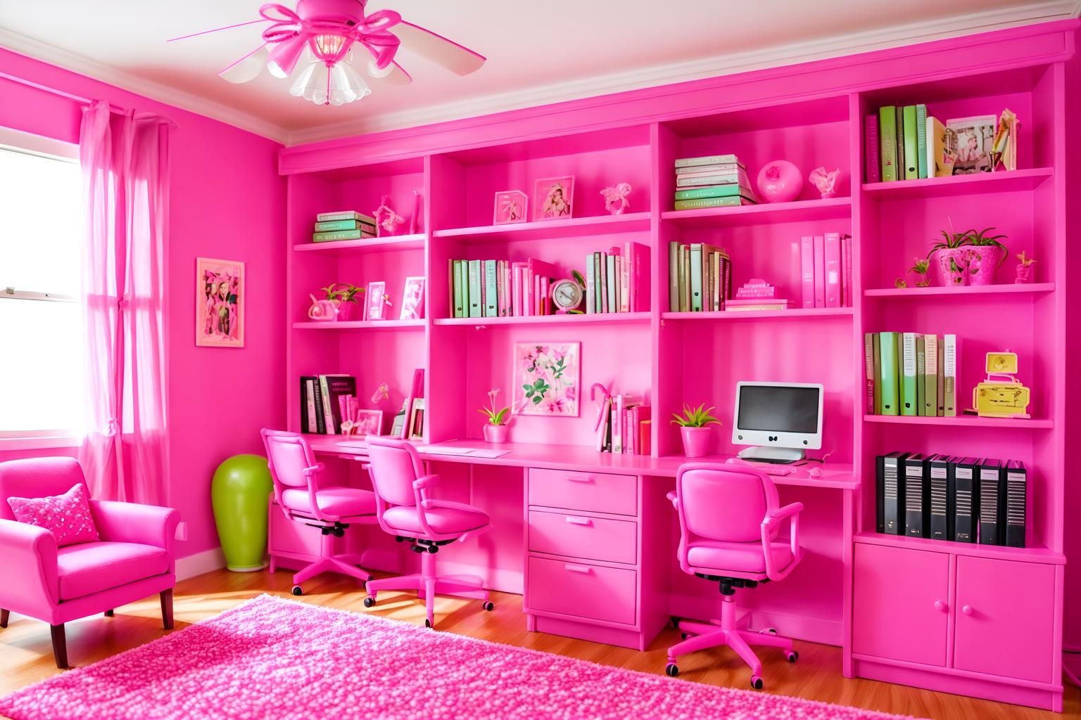 hot pink-style (study room interior) with plant and bookshelves and lounge chair and cabinets and office chair and writing desk and desk lamp and plant. . with barbie sofa and barbie bold rosy hues like fuchsia and magenta and barbie glitter and sparkle and barbie plastic interior and hot pink barbie walls and barbie chairs and hot pink barbie colors and barbie closet. . cinematic photo, highly detailed, cinematic lighting, ultra-detailed, ultrarealistic, photorealism, 8k. hot pink interior design style. masterpiece, cinematic light, ultrarealistic+, photorealistic+, 8k, raw photo, realistic, sharp focus on eyes, (symmetrical eyes), (intact eyes), hyperrealistic, highest quality, best quality, , highly detailed, masterpiece, best quality, extremely detailed 8k wallpaper, masterpiece, best quality, ultra-detailed, best shadow, detailed background, detailed face, detailed eyes, high contrast, best illumination, detailed face, dulux, caustic, dynamic angle, detailed glow. dramatic lighting. highly detailed, insanely detailed hair, symmetrical, intricate details, professionally retouched, 8k high definition. strong bokeh. award winning photo.