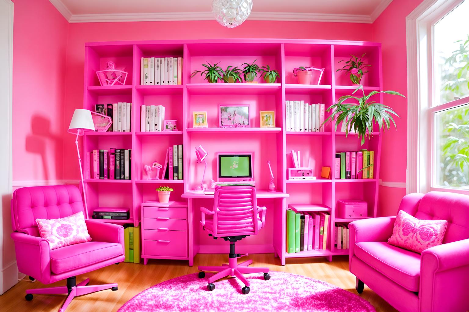 hot pink-style (study room interior) with plant and bookshelves and lounge chair and cabinets and office chair and writing desk and desk lamp and plant. . with barbie sofa and barbie bold rosy hues like fuchsia and magenta and barbie glitter and sparkle and barbie plastic interior and hot pink barbie walls and barbie chairs and hot pink barbie colors and barbie closet. . cinematic photo, highly detailed, cinematic lighting, ultra-detailed, ultrarealistic, photorealism, 8k. hot pink interior design style. masterpiece, cinematic light, ultrarealistic+, photorealistic+, 8k, raw photo, realistic, sharp focus on eyes, (symmetrical eyes), (intact eyes), hyperrealistic, highest quality, best quality, , highly detailed, masterpiece, best quality, extremely detailed 8k wallpaper, masterpiece, best quality, ultra-detailed, best shadow, detailed background, detailed face, detailed eyes, high contrast, best illumination, detailed face, dulux, caustic, dynamic angle, detailed glow. dramatic lighting. highly detailed, insanely detailed hair, symmetrical, intricate details, professionally retouched, 8k high definition. strong bokeh. award winning photo.