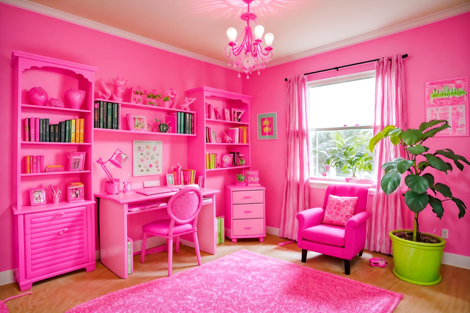 hot pink-style (study room interior) with plant and bookshelves and lounge chair and cabinets and office chair and writing desk and desk lamp and plant. . with barbie sofa and barbie bold rosy hues like fuchsia and magenta and barbie glitter and sparkle and barbie plastic interior and hot pink barbie walls and barbie chairs and hot pink barbie colors and barbie closet. . cinematic photo, highly detailed, cinematic lighting, ultra-detailed, ultrarealistic, photorealism, 8k. hot pink interior design style. masterpiece, cinematic light, ultrarealistic+, photorealistic+, 8k, raw photo, realistic, sharp focus on eyes, (symmetrical eyes), (intact eyes), hyperrealistic, highest quality, best quality, , highly detailed, masterpiece, best quality, extremely detailed 8k wallpaper, masterpiece, best quality, ultra-detailed, best shadow, detailed background, detailed face, detailed eyes, high contrast, best illumination, detailed face, dulux, caustic, dynamic angle, detailed glow. dramatic lighting. highly detailed, insanely detailed hair, symmetrical, intricate details, professionally retouched, 8k high definition. strong bokeh. award winning photo.