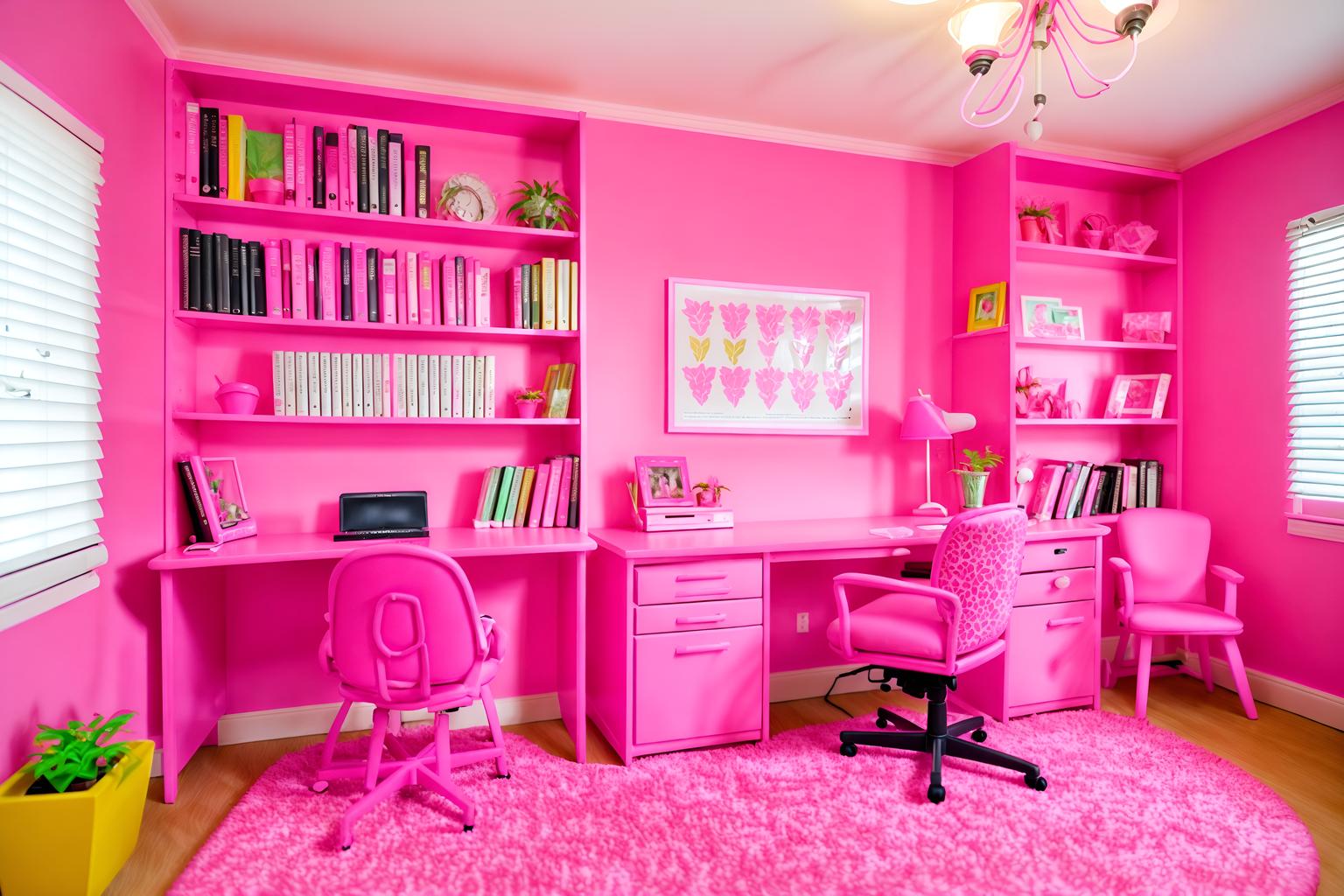 hot pink-style (study room interior) with plant and bookshelves and lounge chair and cabinets and office chair and writing desk and desk lamp and plant. . with barbie sofa and barbie bold rosy hues like fuchsia and magenta and barbie glitter and sparkle and barbie plastic interior and hot pink barbie walls and barbie chairs and hot pink barbie colors and barbie closet. . cinematic photo, highly detailed, cinematic lighting, ultra-detailed, ultrarealistic, photorealism, 8k. hot pink interior design style. masterpiece, cinematic light, ultrarealistic+, photorealistic+, 8k, raw photo, realistic, sharp focus on eyes, (symmetrical eyes), (intact eyes), hyperrealistic, highest quality, best quality, , highly detailed, masterpiece, best quality, extremely detailed 8k wallpaper, masterpiece, best quality, ultra-detailed, best shadow, detailed background, detailed face, detailed eyes, high contrast, best illumination, detailed face, dulux, caustic, dynamic angle, detailed glow. dramatic lighting. highly detailed, insanely detailed hair, symmetrical, intricate details, professionally retouched, 8k high definition. strong bokeh. award winning photo.