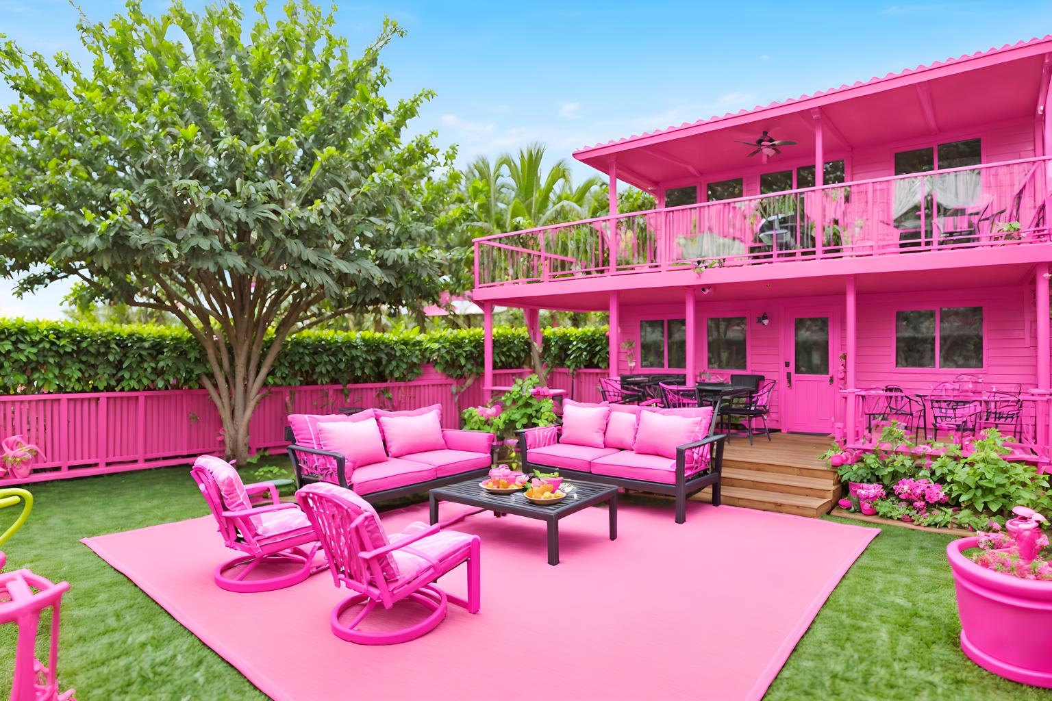 hot pink-style designed (outdoor patio ) with patio couch with pillows and deck with deck chairs and grass and plant and barbeque or grill and patio couch with pillows. . with barbie closet and barbie style and hot pink barbie colors and barbie plastic and barbie glitter and sparkle and hot pink barbie walls and barbie sofa and barbie bold rosy hues like fuchsia and magenta. . cinematic photo, highly detailed, cinematic lighting, ultra-detailed, ultrarealistic, photorealism, 8k. hot pink design style. masterpiece, cinematic light, ultrarealistic+, photorealistic+, 8k, raw photo, realistic, sharp focus on eyes, (symmetrical eyes), (intact eyes), hyperrealistic, highest quality, best quality, , highly detailed, masterpiece, best quality, extremely detailed 8k wallpaper, masterpiece, best quality, ultra-detailed, best shadow, detailed background, detailed face, detailed eyes, high contrast, best illumination, detailed face, dulux, caustic, dynamic angle, detailed glow. dramatic lighting. highly detailed, insanely detailed hair, symmetrical, intricate details, professionally retouched, 8k high definition. strong bokeh. award winning photo.