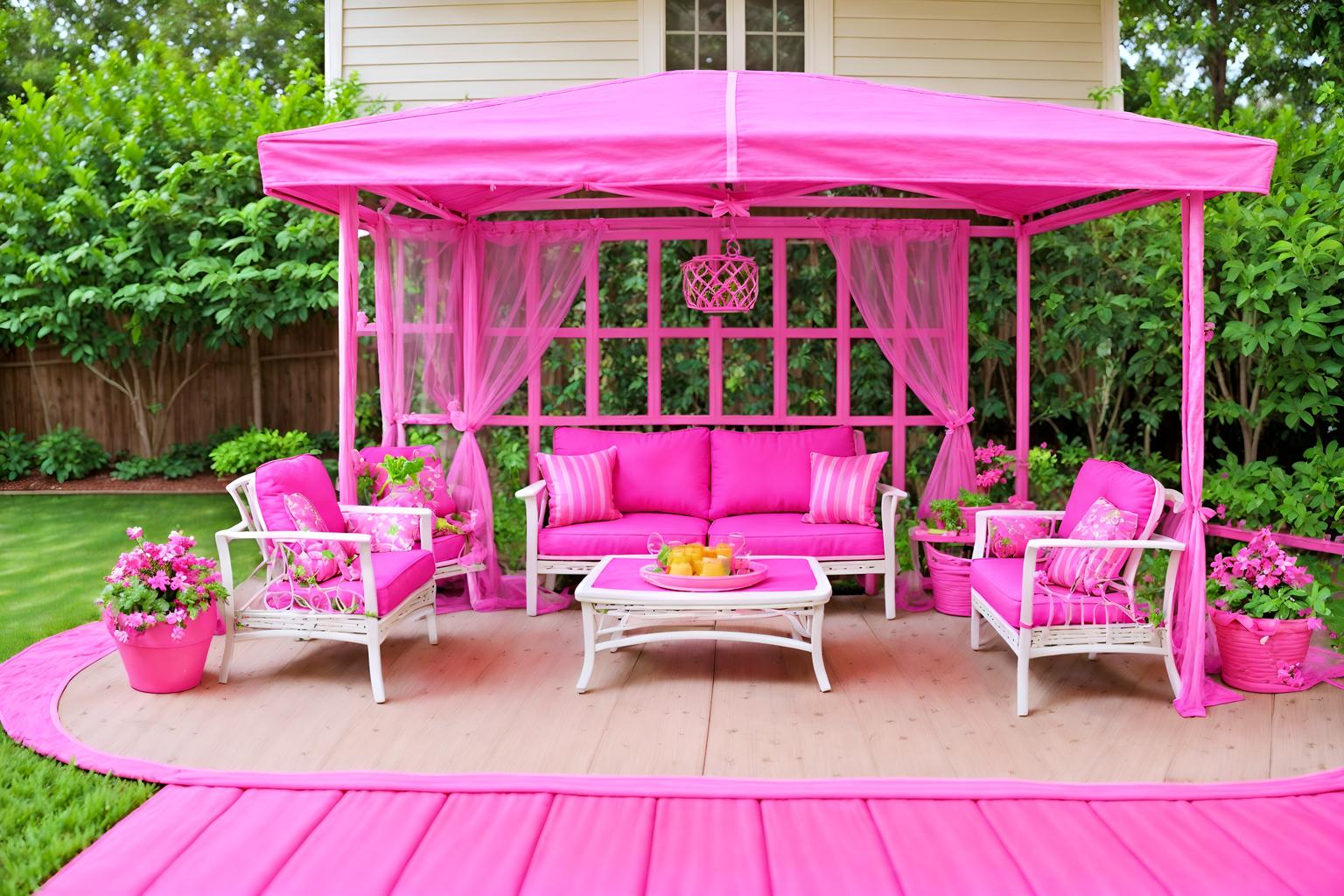 hot pink-style designed (outdoor patio ) with patio couch with pillows and deck with deck chairs and grass and plant and barbeque or grill and patio couch with pillows. . with barbie closet and barbie style and hot pink barbie colors and barbie plastic and barbie glitter and sparkle and hot pink barbie walls and barbie sofa and barbie bold rosy hues like fuchsia and magenta. . cinematic photo, highly detailed, cinematic lighting, ultra-detailed, ultrarealistic, photorealism, 8k. hot pink design style. masterpiece, cinematic light, ultrarealistic+, photorealistic+, 8k, raw photo, realistic, sharp focus on eyes, (symmetrical eyes), (intact eyes), hyperrealistic, highest quality, best quality, , highly detailed, masterpiece, best quality, extremely detailed 8k wallpaper, masterpiece, best quality, ultra-detailed, best shadow, detailed background, detailed face, detailed eyes, high contrast, best illumination, detailed face, dulux, caustic, dynamic angle, detailed glow. dramatic lighting. highly detailed, insanely detailed hair, symmetrical, intricate details, professionally retouched, 8k high definition. strong bokeh. award winning photo.