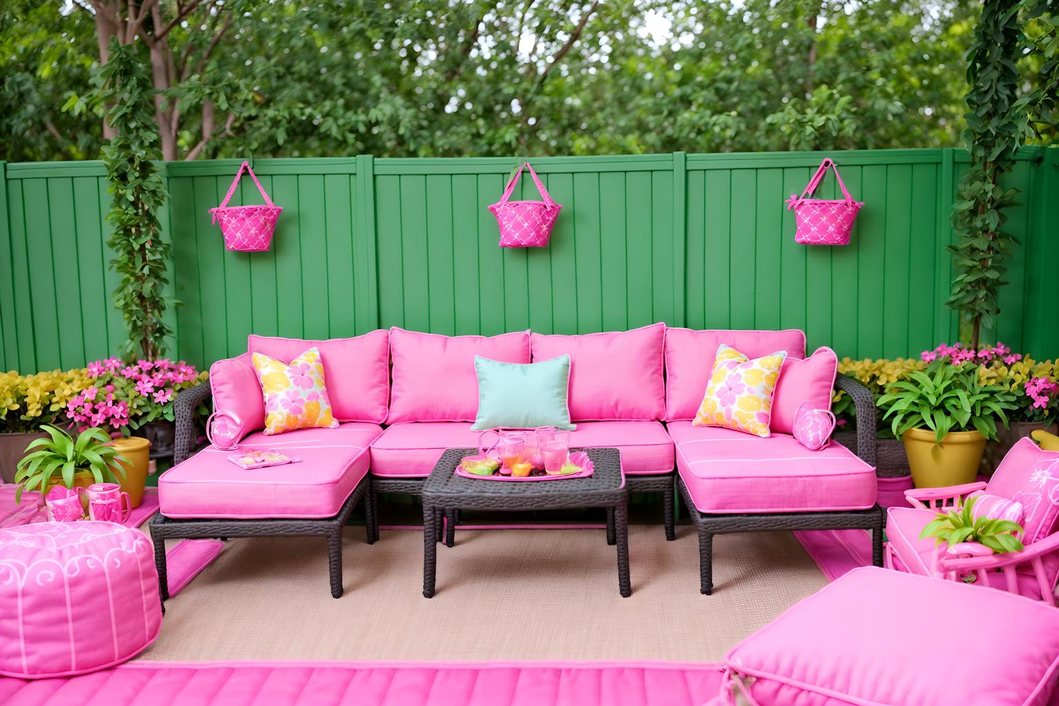 hot pink-style designed (outdoor patio ) with patio couch with pillows and deck with deck chairs and grass and plant and barbeque or grill and patio couch with pillows. . with barbie closet and barbie style and hot pink barbie colors and barbie plastic and barbie glitter and sparkle and hot pink barbie walls and barbie sofa and barbie bold rosy hues like fuchsia and magenta. . cinematic photo, highly detailed, cinematic lighting, ultra-detailed, ultrarealistic, photorealism, 8k. hot pink design style. masterpiece, cinematic light, ultrarealistic+, photorealistic+, 8k, raw photo, realistic, sharp focus on eyes, (symmetrical eyes), (intact eyes), hyperrealistic, highest quality, best quality, , highly detailed, masterpiece, best quality, extremely detailed 8k wallpaper, masterpiece, best quality, ultra-detailed, best shadow, detailed background, detailed face, detailed eyes, high contrast, best illumination, detailed face, dulux, caustic, dynamic angle, detailed glow. dramatic lighting. highly detailed, insanely detailed hair, symmetrical, intricate details, professionally retouched, 8k high definition. strong bokeh. award winning photo.