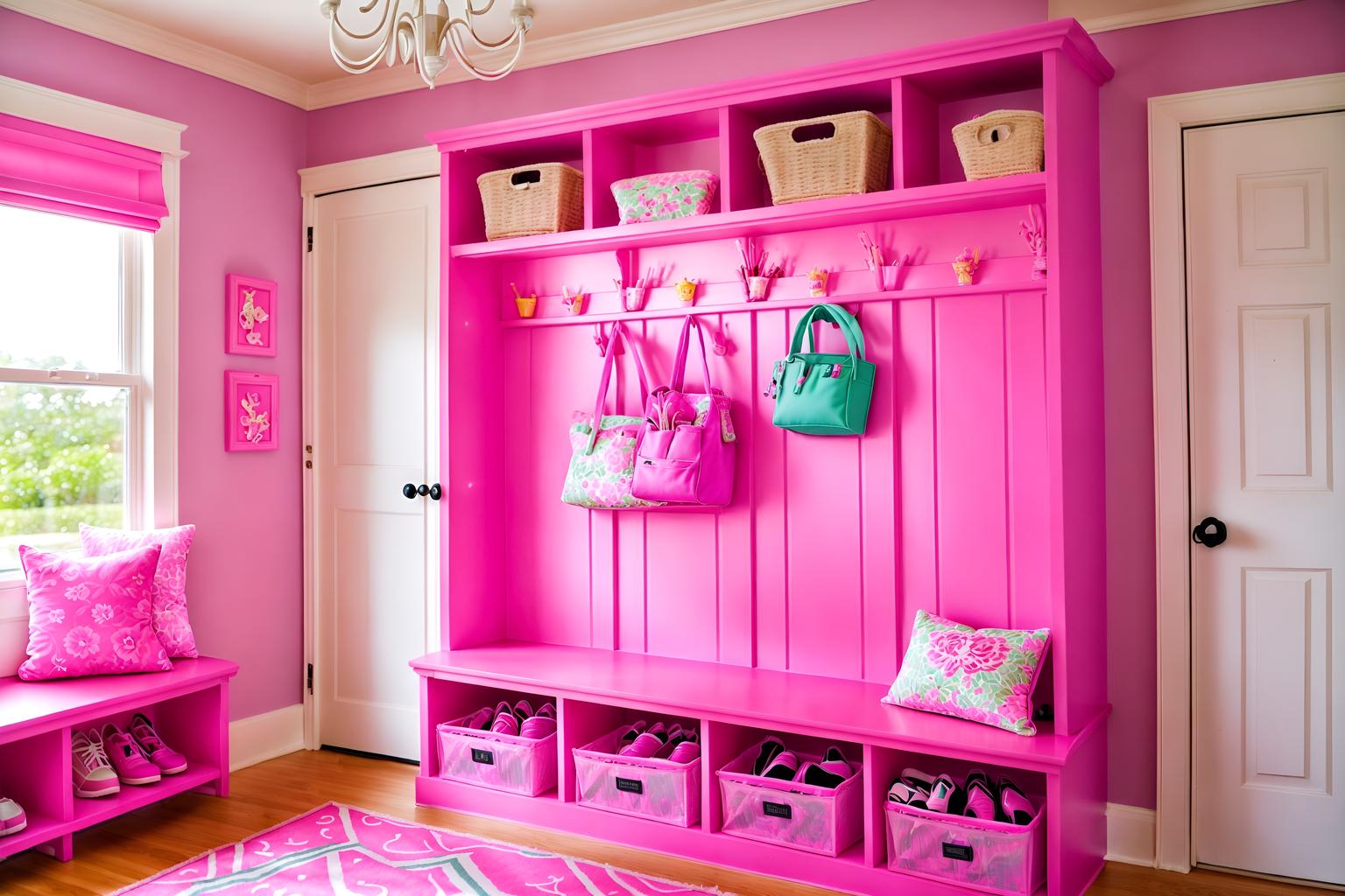 hot pink-style (mudroom interior) with a bench and shelves for shoes and storage drawers and wall hooks for coats and high up storage and cubbies and cabinets and storage baskets. . with hot pink barbie colors and barbie closet and barbie glitter and sparkle and barbie chairs and barbie plastic interior and barbie bold rosy hues like fuchsia and magenta and barbie sofa and barbie style interior. . cinematic photo, highly detailed, cinematic lighting, ultra-detailed, ultrarealistic, photorealism, 8k. hot pink interior design style. masterpiece, cinematic light, ultrarealistic+, photorealistic+, 8k, raw photo, realistic, sharp focus on eyes, (symmetrical eyes), (intact eyes), hyperrealistic, highest quality, best quality, , highly detailed, masterpiece, best quality, extremely detailed 8k wallpaper, masterpiece, best quality, ultra-detailed, best shadow, detailed background, detailed face, detailed eyes, high contrast, best illumination, detailed face, dulux, caustic, dynamic angle, detailed glow. dramatic lighting. highly detailed, insanely detailed hair, symmetrical, intricate details, professionally retouched, 8k high definition. strong bokeh. award winning photo.