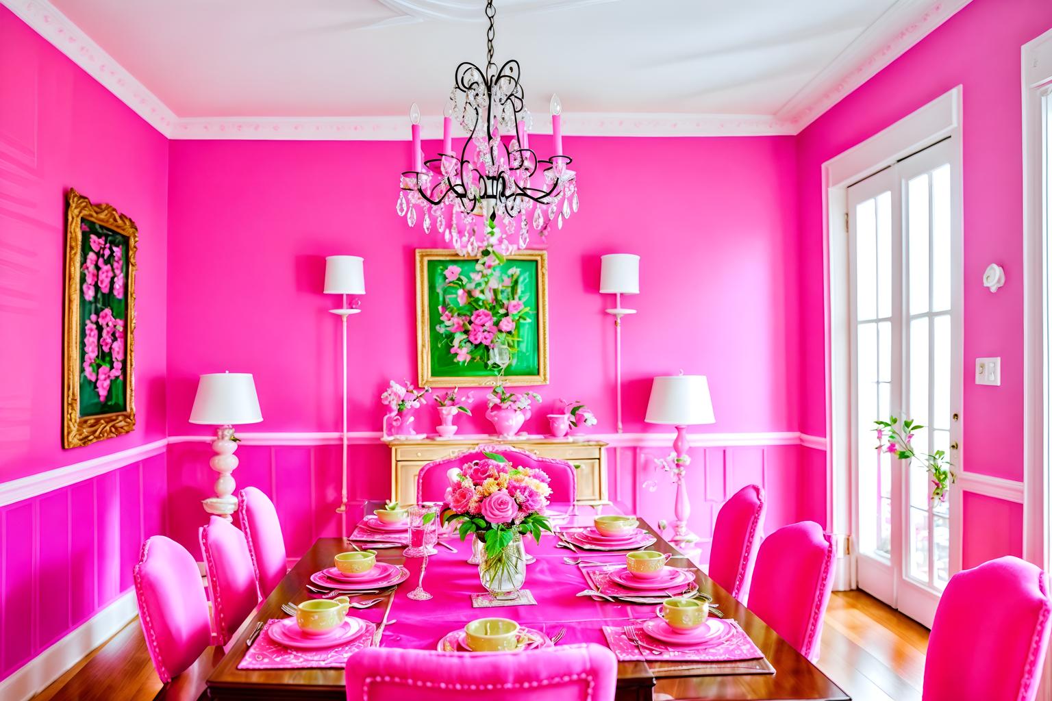 hot pink-style (dining room interior) with plates, cutlery and glasses on dining table and plant and bookshelves and dining table chairs and painting or photo on wall and vase and light or chandelier and dining table. . with hot pink barbie walls and hot pink barbie colors and barbie style interior and barbie glitter and sparkle and barbie sofa and barbie chairs and barbie bold rosy hues like fuchsia and magenta and barbie closet. . cinematic photo, highly detailed, cinematic lighting, ultra-detailed, ultrarealistic, photorealism, 8k. hot pink interior design style. masterpiece, cinematic light, ultrarealistic+, photorealistic+, 8k, raw photo, realistic, sharp focus on eyes, (symmetrical eyes), (intact eyes), hyperrealistic, highest quality, best quality, , highly detailed, masterpiece, best quality, extremely detailed 8k wallpaper, masterpiece, best quality, ultra-detailed, best shadow, detailed background, detailed face, detailed eyes, high contrast, best illumination, detailed face, dulux, caustic, dynamic angle, detailed glow. dramatic lighting. highly detailed, insanely detailed hair, symmetrical, intricate details, professionally retouched, 8k high definition. strong bokeh. award winning photo.