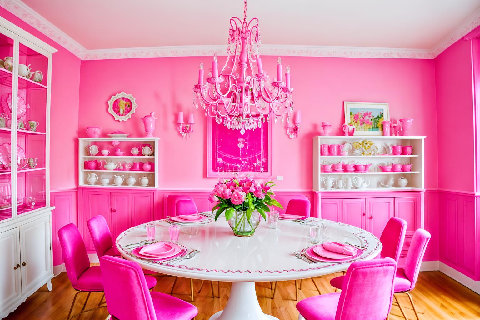 hot pink-style (dining room interior) with plates, cutlery and glasses on dining table and plant and bookshelves and dining table chairs and painting or photo on wall and vase and light or chandelier and dining table. . with hot pink barbie walls and hot pink barbie colors and barbie style interior and barbie glitter and sparkle and barbie sofa and barbie chairs and barbie bold rosy hues like fuchsia and magenta and barbie closet. . cinematic photo, highly detailed, cinematic lighting, ultra-detailed, ultrarealistic, photorealism, 8k. hot pink interior design style. masterpiece, cinematic light, ultrarealistic+, photorealistic+, 8k, raw photo, realistic, sharp focus on eyes, (symmetrical eyes), (intact eyes), hyperrealistic, highest quality, best quality, , highly detailed, masterpiece, best quality, extremely detailed 8k wallpaper, masterpiece, best quality, ultra-detailed, best shadow, detailed background, detailed face, detailed eyes, high contrast, best illumination, detailed face, dulux, caustic, dynamic angle, detailed glow. dramatic lighting. highly detailed, insanely detailed hair, symmetrical, intricate details, professionally retouched, 8k high definition. strong bokeh. award winning photo.