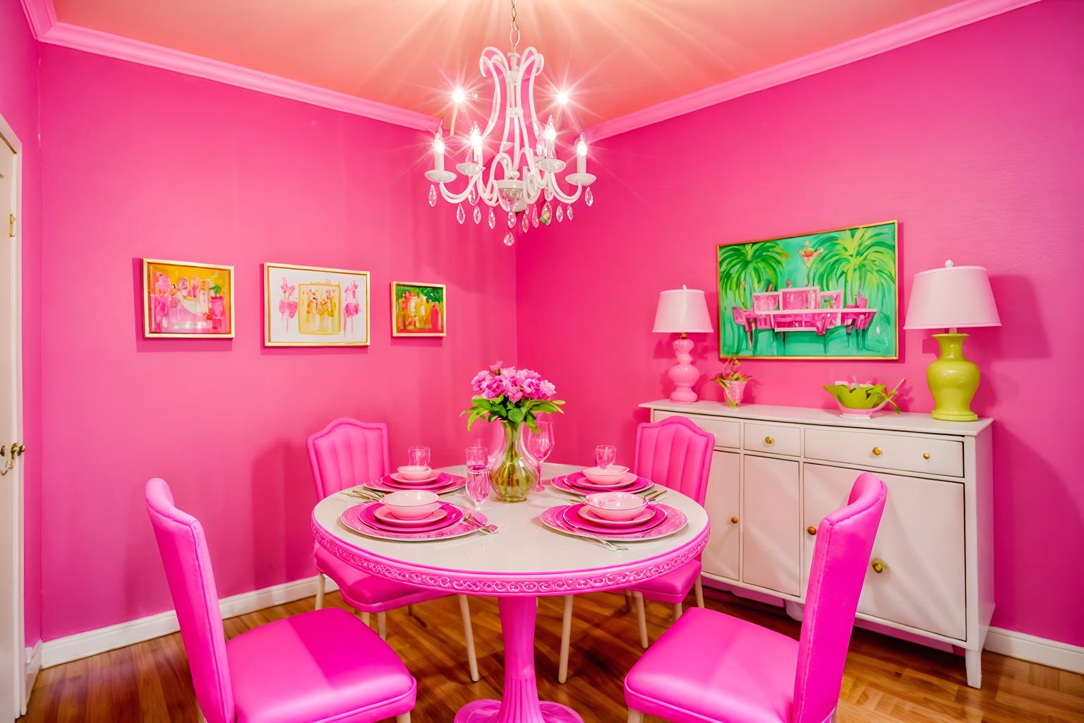 hot pink-style (dining room interior) with plates, cutlery and glasses on dining table and plant and bookshelves and dining table chairs and painting or photo on wall and vase and light or chandelier and dining table. . with hot pink barbie walls and hot pink barbie colors and barbie style interior and barbie glitter and sparkle and barbie sofa and barbie chairs and barbie bold rosy hues like fuchsia and magenta and barbie closet. . cinematic photo, highly detailed, cinematic lighting, ultra-detailed, ultrarealistic, photorealism, 8k. hot pink interior design style. masterpiece, cinematic light, ultrarealistic+, photorealistic+, 8k, raw photo, realistic, sharp focus on eyes, (symmetrical eyes), (intact eyes), hyperrealistic, highest quality, best quality, , highly detailed, masterpiece, best quality, extremely detailed 8k wallpaper, masterpiece, best quality, ultra-detailed, best shadow, detailed background, detailed face, detailed eyes, high contrast, best illumination, detailed face, dulux, caustic, dynamic angle, detailed glow. dramatic lighting. highly detailed, insanely detailed hair, symmetrical, intricate details, professionally retouched, 8k high definition. strong bokeh. award winning photo.