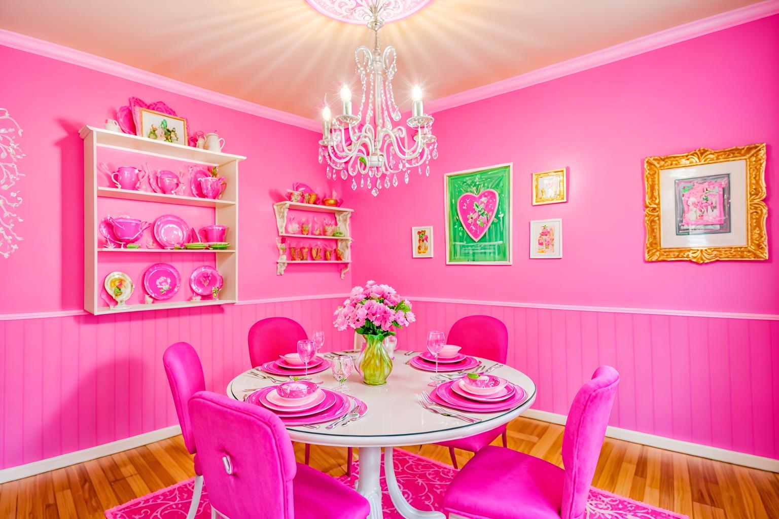 hot pink-style (dining room interior) with plates, cutlery and glasses on dining table and plant and bookshelves and dining table chairs and painting or photo on wall and vase and light or chandelier and dining table. . with hot pink barbie walls and hot pink barbie colors and barbie style interior and barbie glitter and sparkle and barbie sofa and barbie chairs and barbie bold rosy hues like fuchsia and magenta and barbie closet. . cinematic photo, highly detailed, cinematic lighting, ultra-detailed, ultrarealistic, photorealism, 8k. hot pink interior design style. masterpiece, cinematic light, ultrarealistic+, photorealistic+, 8k, raw photo, realistic, sharp focus on eyes, (symmetrical eyes), (intact eyes), hyperrealistic, highest quality, best quality, , highly detailed, masterpiece, best quality, extremely detailed 8k wallpaper, masterpiece, best quality, ultra-detailed, best shadow, detailed background, detailed face, detailed eyes, high contrast, best illumination, detailed face, dulux, caustic, dynamic angle, detailed glow. dramatic lighting. highly detailed, insanely detailed hair, symmetrical, intricate details, professionally retouched, 8k high definition. strong bokeh. award winning photo.