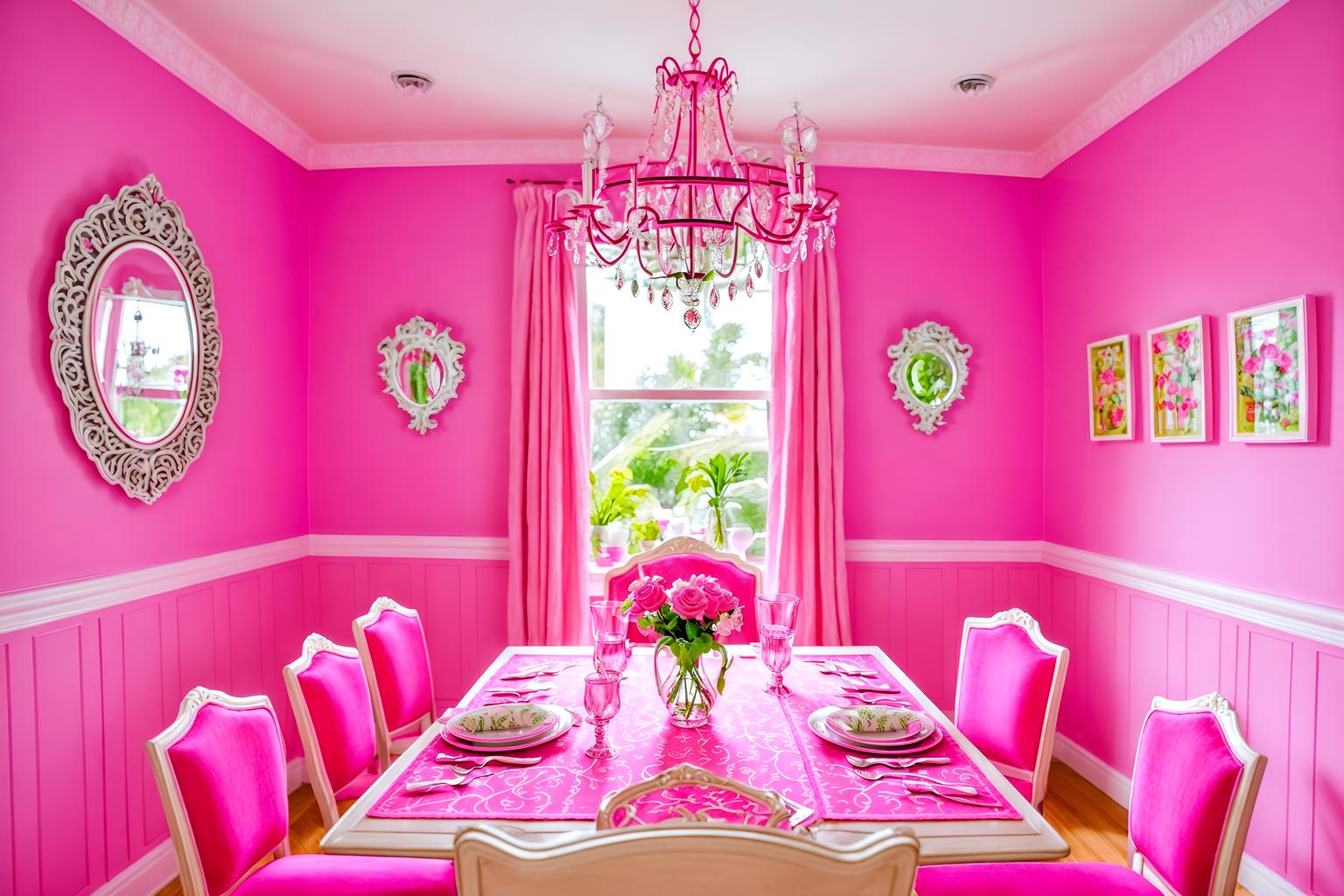 hot pink-style (dining room interior) with plates, cutlery and glasses on dining table and plant and bookshelves and dining table chairs and painting or photo on wall and vase and light or chandelier and dining table. . with hot pink barbie walls and hot pink barbie colors and barbie style interior and barbie glitter and sparkle and barbie sofa and barbie chairs and barbie bold rosy hues like fuchsia and magenta and barbie closet. . cinematic photo, highly detailed, cinematic lighting, ultra-detailed, ultrarealistic, photorealism, 8k. hot pink interior design style. masterpiece, cinematic light, ultrarealistic+, photorealistic+, 8k, raw photo, realistic, sharp focus on eyes, (symmetrical eyes), (intact eyes), hyperrealistic, highest quality, best quality, , highly detailed, masterpiece, best quality, extremely detailed 8k wallpaper, masterpiece, best quality, ultra-detailed, best shadow, detailed background, detailed face, detailed eyes, high contrast, best illumination, detailed face, dulux, caustic, dynamic angle, detailed glow. dramatic lighting. highly detailed, insanely detailed hair, symmetrical, intricate details, professionally retouched, 8k high definition. strong bokeh. award winning photo.