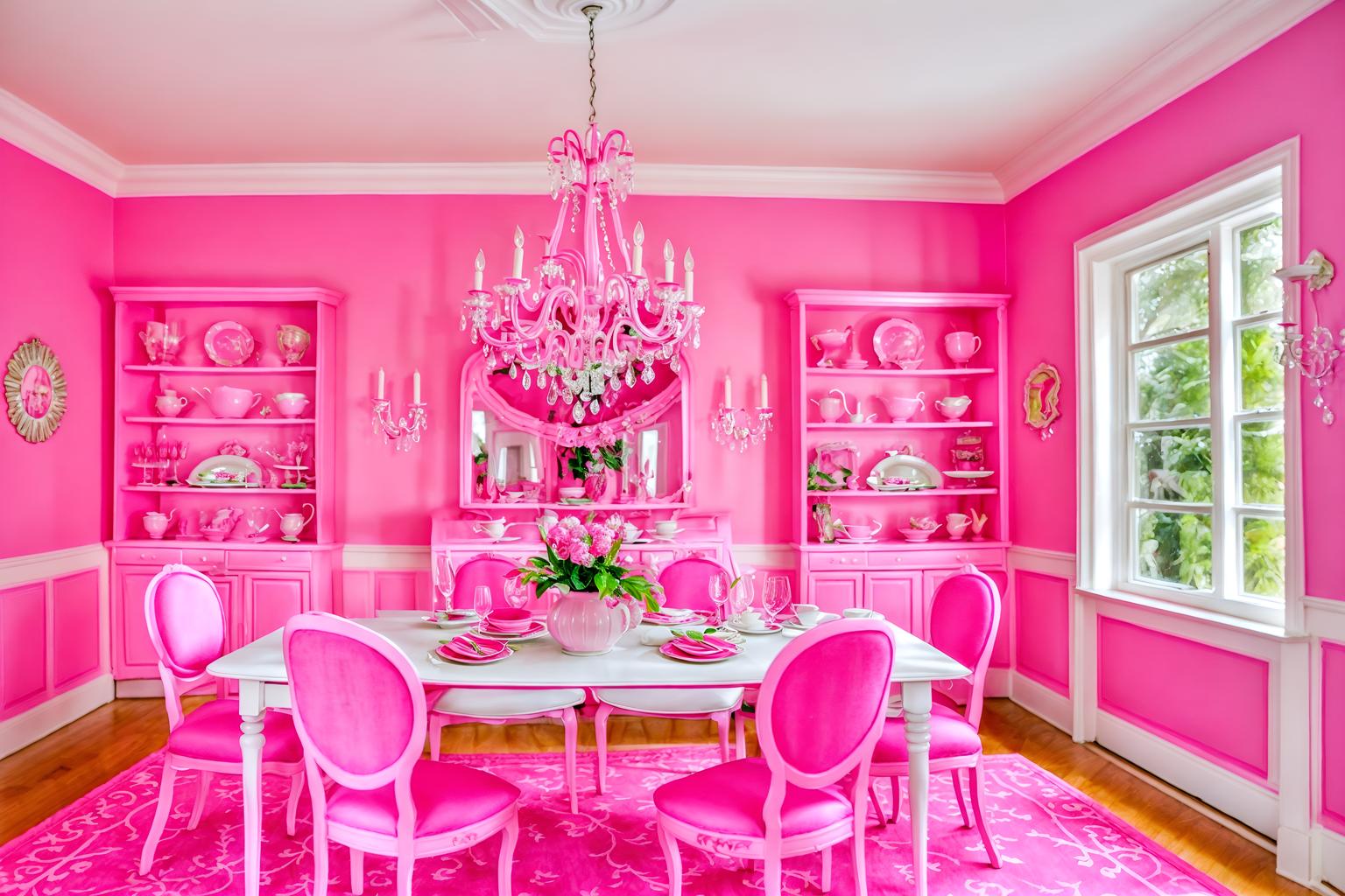 hot pink-style (dining room interior) with plates, cutlery and glasses on dining table and plant and bookshelves and dining table chairs and painting or photo on wall and vase and light or chandelier and dining table. . with hot pink barbie walls and hot pink barbie colors and barbie style interior and barbie glitter and sparkle and barbie sofa and barbie chairs and barbie bold rosy hues like fuchsia and magenta and barbie closet. . cinematic photo, highly detailed, cinematic lighting, ultra-detailed, ultrarealistic, photorealism, 8k. hot pink interior design style. masterpiece, cinematic light, ultrarealistic+, photorealistic+, 8k, raw photo, realistic, sharp focus on eyes, (symmetrical eyes), (intact eyes), hyperrealistic, highest quality, best quality, , highly detailed, masterpiece, best quality, extremely detailed 8k wallpaper, masterpiece, best quality, ultra-detailed, best shadow, detailed background, detailed face, detailed eyes, high contrast, best illumination, detailed face, dulux, caustic, dynamic angle, detailed glow. dramatic lighting. highly detailed, insanely detailed hair, symmetrical, intricate details, professionally retouched, 8k high definition. strong bokeh. award winning photo.