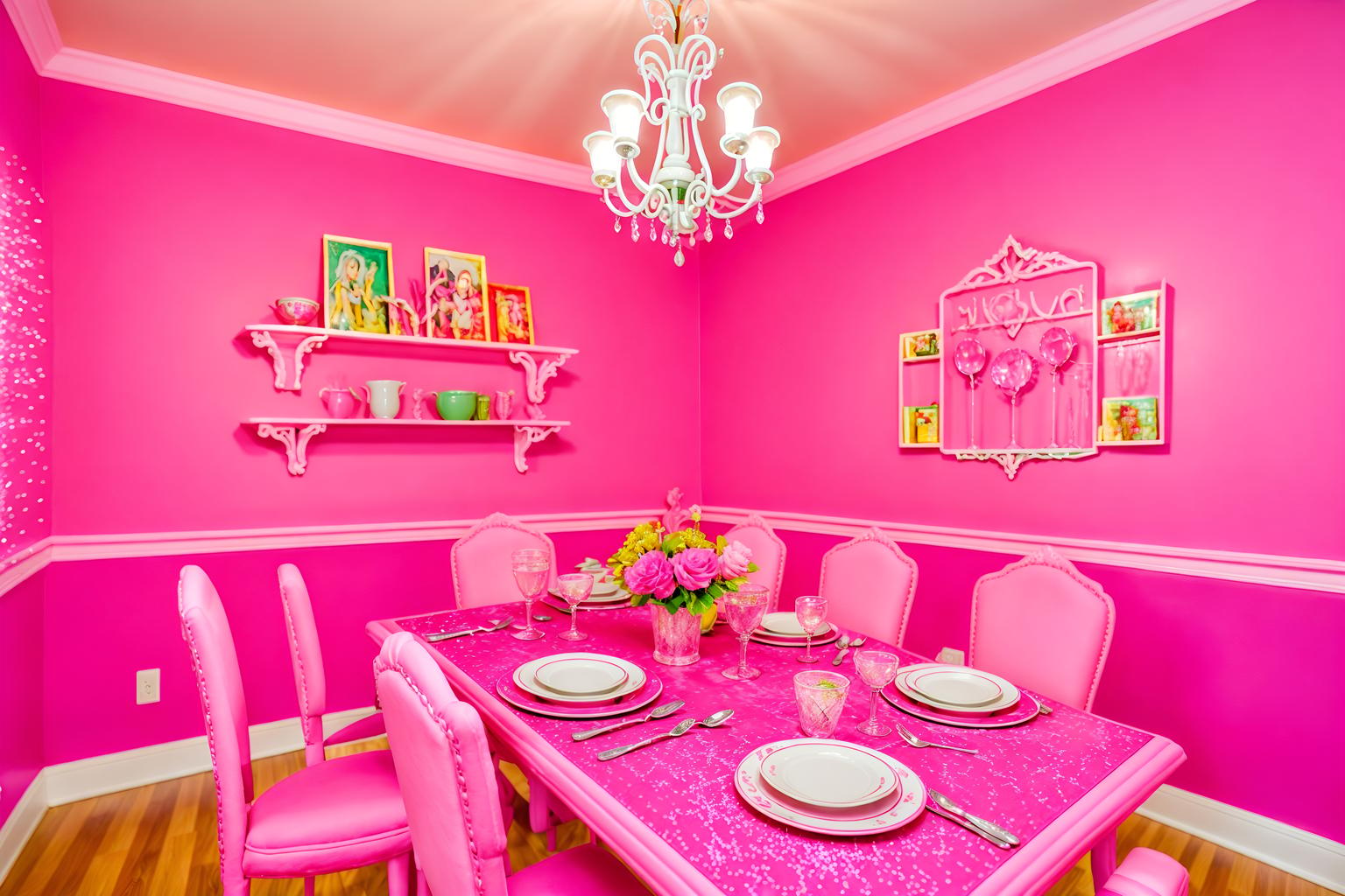 hot pink-style (dining room interior) with plates, cutlery and glasses on dining table and plant and bookshelves and dining table chairs and painting or photo on wall and vase and light or chandelier and dining table. . with hot pink barbie walls and hot pink barbie colors and barbie style interior and barbie glitter and sparkle and barbie sofa and barbie chairs and barbie bold rosy hues like fuchsia and magenta and barbie closet. . cinematic photo, highly detailed, cinematic lighting, ultra-detailed, ultrarealistic, photorealism, 8k. hot pink interior design style. masterpiece, cinematic light, ultrarealistic+, photorealistic+, 8k, raw photo, realistic, sharp focus on eyes, (symmetrical eyes), (intact eyes), hyperrealistic, highest quality, best quality, , highly detailed, masterpiece, best quality, extremely detailed 8k wallpaper, masterpiece, best quality, ultra-detailed, best shadow, detailed background, detailed face, detailed eyes, high contrast, best illumination, detailed face, dulux, caustic, dynamic angle, detailed glow. dramatic lighting. highly detailed, insanely detailed hair, symmetrical, intricate details, professionally retouched, 8k high definition. strong bokeh. award winning photo.