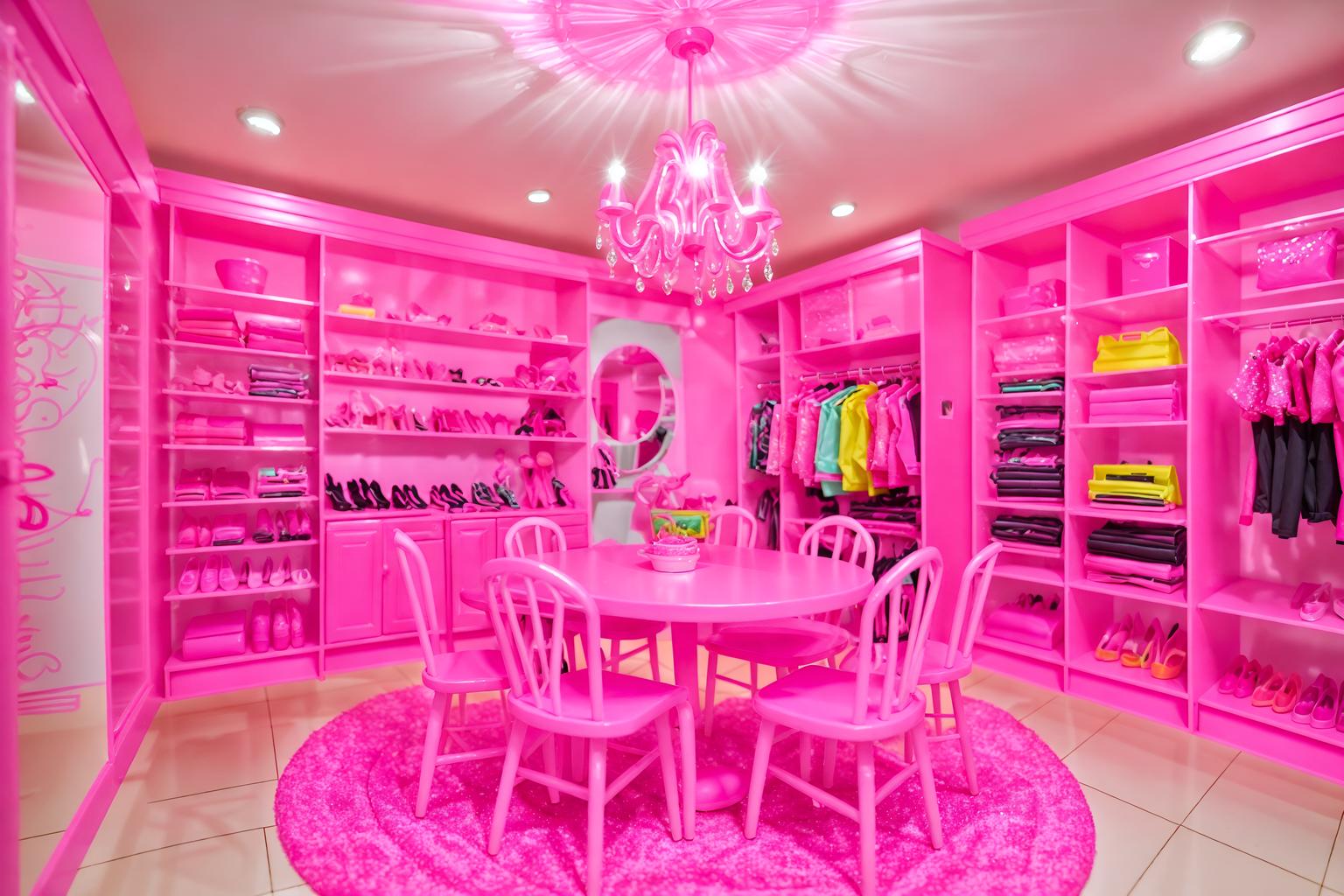 hot pink-style (clothing store interior) . with barbie closet and barbie plastic interior and barbie sofa and barbie chairs and hot pink barbie walls and barbie style interior and barbie bold rosy hues like fuchsia and magenta and barbie glitter and sparkle. . cinematic photo, highly detailed, cinematic lighting, ultra-detailed, ultrarealistic, photorealism, 8k. hot pink interior design style. masterpiece, cinematic light, ultrarealistic+, photorealistic+, 8k, raw photo, realistic, sharp focus on eyes, (symmetrical eyes), (intact eyes), hyperrealistic, highest quality, best quality, , highly detailed, masterpiece, best quality, extremely detailed 8k wallpaper, masterpiece, best quality, ultra-detailed, best shadow, detailed background, detailed face, detailed eyes, high contrast, best illumination, detailed face, dulux, caustic, dynamic angle, detailed glow. dramatic lighting. highly detailed, insanely detailed hair, symmetrical, intricate details, professionally retouched, 8k high definition. strong bokeh. award winning photo.