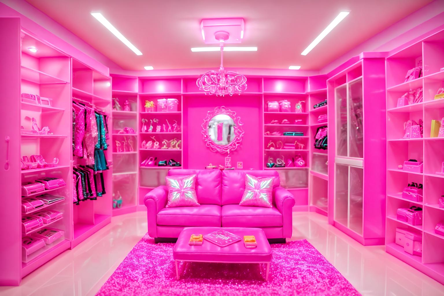 hot pink-style (clothing store interior) . with barbie closet and barbie plastic interior and barbie sofa and barbie chairs and hot pink barbie walls and barbie style interior and barbie bold rosy hues like fuchsia and magenta and barbie glitter and sparkle. . cinematic photo, highly detailed, cinematic lighting, ultra-detailed, ultrarealistic, photorealism, 8k. hot pink interior design style. masterpiece, cinematic light, ultrarealistic+, photorealistic+, 8k, raw photo, realistic, sharp focus on eyes, (symmetrical eyes), (intact eyes), hyperrealistic, highest quality, best quality, , highly detailed, masterpiece, best quality, extremely detailed 8k wallpaper, masterpiece, best quality, ultra-detailed, best shadow, detailed background, detailed face, detailed eyes, high contrast, best illumination, detailed face, dulux, caustic, dynamic angle, detailed glow. dramatic lighting. highly detailed, insanely detailed hair, symmetrical, intricate details, professionally retouched, 8k high definition. strong bokeh. award winning photo.