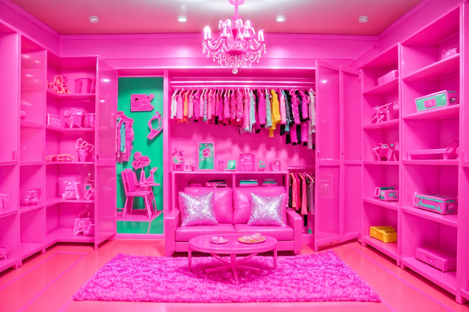 hot pink-style (clothing store interior) . with barbie closet and barbie plastic interior and barbie sofa and barbie chairs and hot pink barbie walls and barbie style interior and barbie bold rosy hues like fuchsia and magenta and barbie glitter and sparkle. . cinematic photo, highly detailed, cinematic lighting, ultra-detailed, ultrarealistic, photorealism, 8k. hot pink interior design style. masterpiece, cinematic light, ultrarealistic+, photorealistic+, 8k, raw photo, realistic, sharp focus on eyes, (symmetrical eyes), (intact eyes), hyperrealistic, highest quality, best quality, , highly detailed, masterpiece, best quality, extremely detailed 8k wallpaper, masterpiece, best quality, ultra-detailed, best shadow, detailed background, detailed face, detailed eyes, high contrast, best illumination, detailed face, dulux, caustic, dynamic angle, detailed glow. dramatic lighting. highly detailed, insanely detailed hair, symmetrical, intricate details, professionally retouched, 8k high definition. strong bokeh. award winning photo.