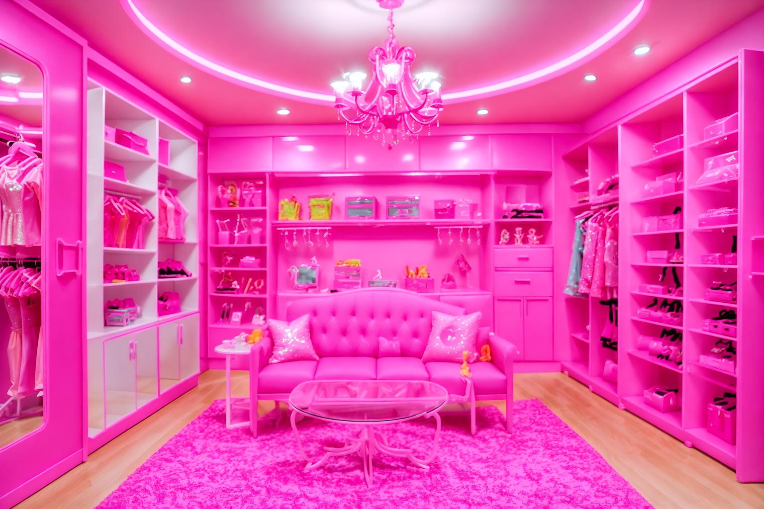 hot pink-style (clothing store interior) . with barbie closet and barbie plastic interior and barbie sofa and barbie chairs and hot pink barbie walls and barbie style interior and barbie bold rosy hues like fuchsia and magenta and barbie glitter and sparkle. . cinematic photo, highly detailed, cinematic lighting, ultra-detailed, ultrarealistic, photorealism, 8k. hot pink interior design style. masterpiece, cinematic light, ultrarealistic+, photorealistic+, 8k, raw photo, realistic, sharp focus on eyes, (symmetrical eyes), (intact eyes), hyperrealistic, highest quality, best quality, , highly detailed, masterpiece, best quality, extremely detailed 8k wallpaper, masterpiece, best quality, ultra-detailed, best shadow, detailed background, detailed face, detailed eyes, high contrast, best illumination, detailed face, dulux, caustic, dynamic angle, detailed glow. dramatic lighting. highly detailed, insanely detailed hair, symmetrical, intricate details, professionally retouched, 8k high definition. strong bokeh. award winning photo.