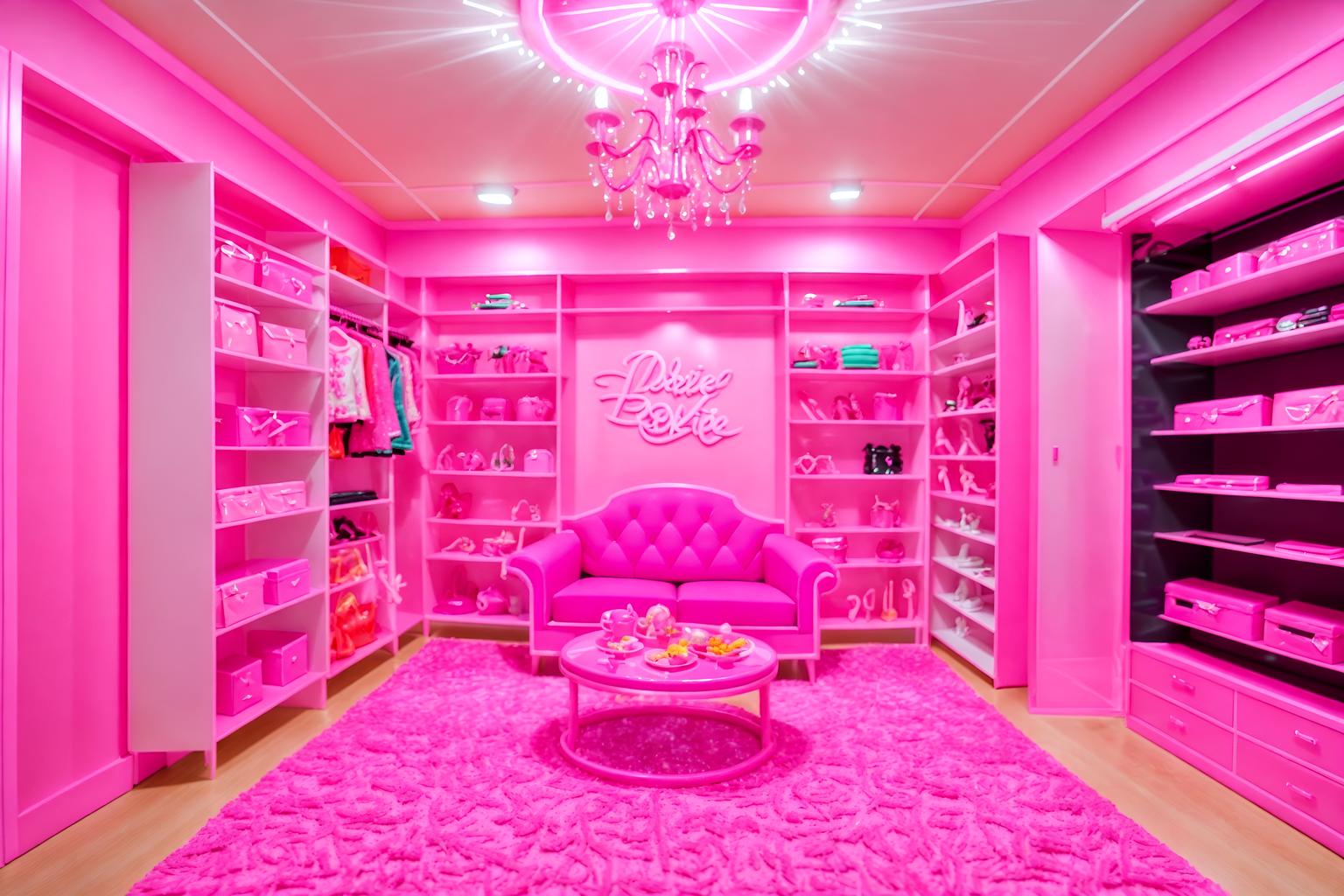 hot pink-style (clothing store interior) . with barbie closet and barbie plastic interior and barbie sofa and barbie chairs and hot pink barbie walls and barbie style interior and barbie bold rosy hues like fuchsia and magenta and barbie glitter and sparkle. . cinematic photo, highly detailed, cinematic lighting, ultra-detailed, ultrarealistic, photorealism, 8k. hot pink interior design style. masterpiece, cinematic light, ultrarealistic+, photorealistic+, 8k, raw photo, realistic, sharp focus on eyes, (symmetrical eyes), (intact eyes), hyperrealistic, highest quality, best quality, , highly detailed, masterpiece, best quality, extremely detailed 8k wallpaper, masterpiece, best quality, ultra-detailed, best shadow, detailed background, detailed face, detailed eyes, high contrast, best illumination, detailed face, dulux, caustic, dynamic angle, detailed glow. dramatic lighting. highly detailed, insanely detailed hair, symmetrical, intricate details, professionally retouched, 8k high definition. strong bokeh. award winning photo.