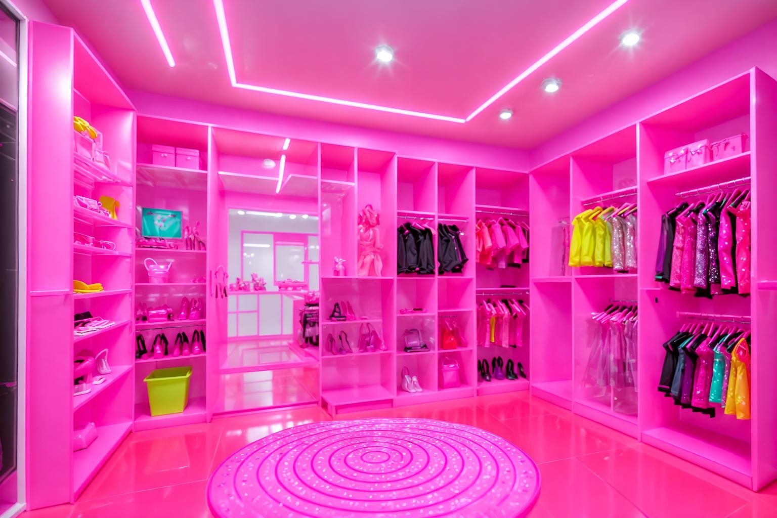 hot pink-style (clothing store interior) . with barbie closet and barbie plastic interior and barbie sofa and barbie chairs and hot pink barbie walls and barbie style interior and barbie bold rosy hues like fuchsia and magenta and barbie glitter and sparkle. . cinematic photo, highly detailed, cinematic lighting, ultra-detailed, ultrarealistic, photorealism, 8k. hot pink interior design style. masterpiece, cinematic light, ultrarealistic+, photorealistic+, 8k, raw photo, realistic, sharp focus on eyes, (symmetrical eyes), (intact eyes), hyperrealistic, highest quality, best quality, , highly detailed, masterpiece, best quality, extremely detailed 8k wallpaper, masterpiece, best quality, ultra-detailed, best shadow, detailed background, detailed face, detailed eyes, high contrast, best illumination, detailed face, dulux, caustic, dynamic angle, detailed glow. dramatic lighting. highly detailed, insanely detailed hair, symmetrical, intricate details, professionally retouched, 8k high definition. strong bokeh. award winning photo.