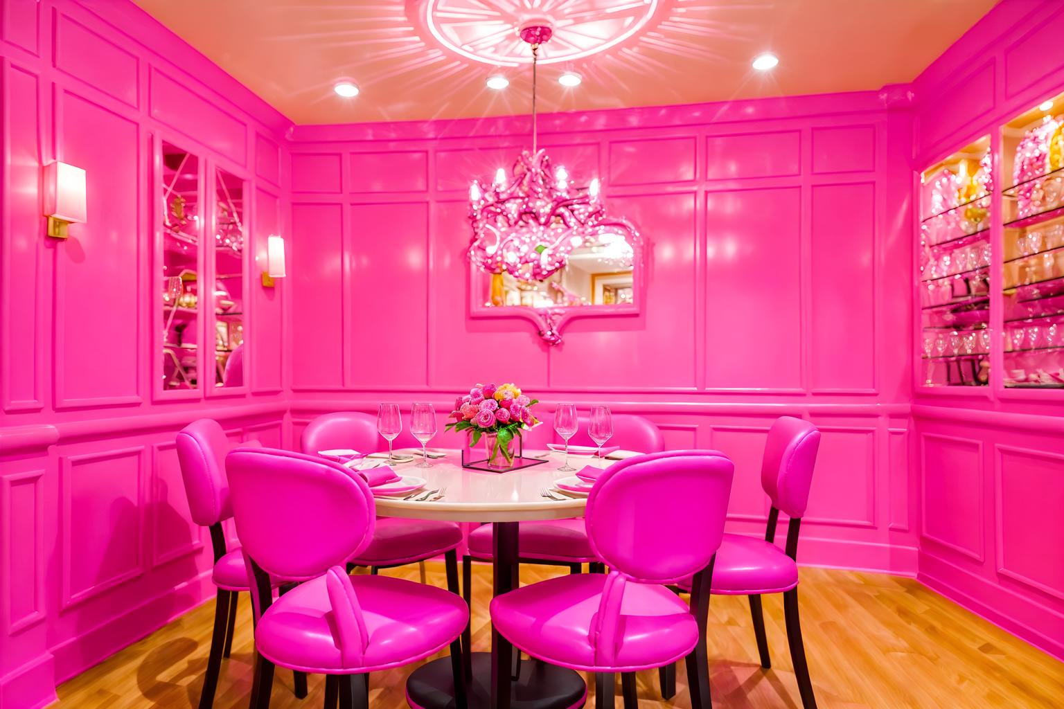 hot pink-style (restaurant interior) with restaurant dining tables and restaurant chairs and restaurant bar and restaurant decor and restaurant dining tables. . with barbie bold rosy hues like fuchsia and magenta and barbie sofa and barbie glitter and sparkle and hot pink barbie walls and hot pink barbie colors and barbie style interior and barbie closet and barbie plastic interior. . cinematic photo, highly detailed, cinematic lighting, ultra-detailed, ultrarealistic, photorealism, 8k. hot pink interior design style. masterpiece, cinematic light, ultrarealistic+, photorealistic+, 8k, raw photo, realistic, sharp focus on eyes, (symmetrical eyes), (intact eyes), hyperrealistic, highest quality, best quality, , highly detailed, masterpiece, best quality, extremely detailed 8k wallpaper, masterpiece, best quality, ultra-detailed, best shadow, detailed background, detailed face, detailed eyes, high contrast, best illumination, detailed face, dulux, caustic, dynamic angle, detailed glow. dramatic lighting. highly detailed, insanely detailed hair, symmetrical, intricate details, professionally retouched, 8k high definition. strong bokeh. award winning photo.