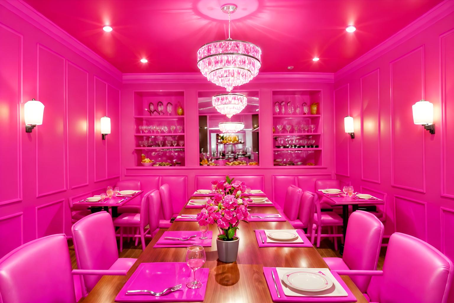 hot pink-style (restaurant interior) with restaurant dining tables and restaurant chairs and restaurant bar and restaurant decor and restaurant dining tables. . with barbie bold rosy hues like fuchsia and magenta and barbie sofa and barbie glitter and sparkle and hot pink barbie walls and hot pink barbie colors and barbie style interior and barbie closet and barbie plastic interior. . cinematic photo, highly detailed, cinematic lighting, ultra-detailed, ultrarealistic, photorealism, 8k. hot pink interior design style. masterpiece, cinematic light, ultrarealistic+, photorealistic+, 8k, raw photo, realistic, sharp focus on eyes, (symmetrical eyes), (intact eyes), hyperrealistic, highest quality, best quality, , highly detailed, masterpiece, best quality, extremely detailed 8k wallpaper, masterpiece, best quality, ultra-detailed, best shadow, detailed background, detailed face, detailed eyes, high contrast, best illumination, detailed face, dulux, caustic, dynamic angle, detailed glow. dramatic lighting. highly detailed, insanely detailed hair, symmetrical, intricate details, professionally retouched, 8k high definition. strong bokeh. award winning photo.