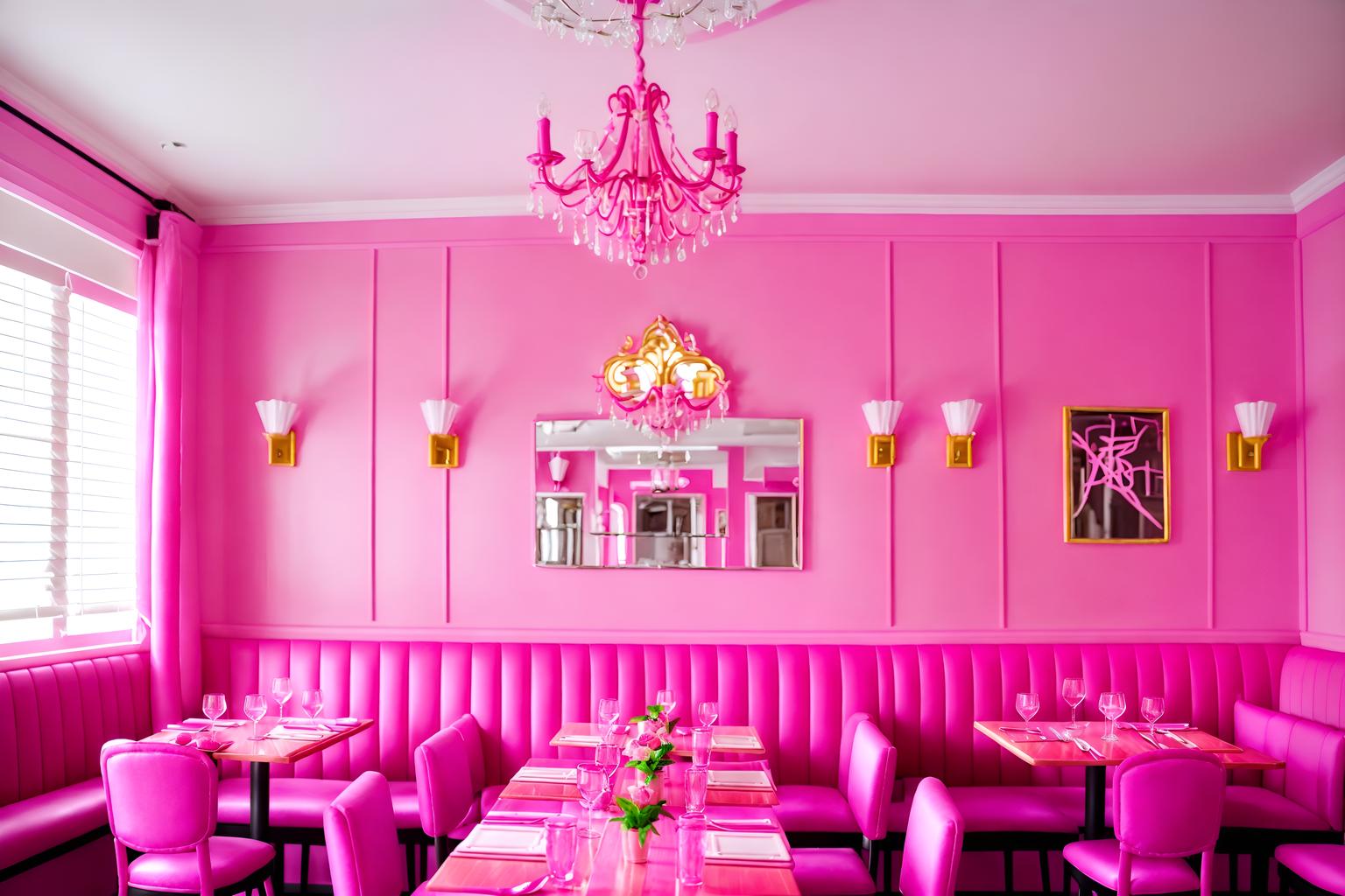 hot pink-style (restaurant interior) with restaurant dining tables and restaurant chairs and restaurant bar and restaurant decor and restaurant dining tables. . with barbie bold rosy hues like fuchsia and magenta and barbie sofa and barbie glitter and sparkle and hot pink barbie walls and hot pink barbie colors and barbie style interior and barbie closet and barbie plastic interior. . cinematic photo, highly detailed, cinematic lighting, ultra-detailed, ultrarealistic, photorealism, 8k. hot pink interior design style. masterpiece, cinematic light, ultrarealistic+, photorealistic+, 8k, raw photo, realistic, sharp focus on eyes, (symmetrical eyes), (intact eyes), hyperrealistic, highest quality, best quality, , highly detailed, masterpiece, best quality, extremely detailed 8k wallpaper, masterpiece, best quality, ultra-detailed, best shadow, detailed background, detailed face, detailed eyes, high contrast, best illumination, detailed face, dulux, caustic, dynamic angle, detailed glow. dramatic lighting. highly detailed, insanely detailed hair, symmetrical, intricate details, professionally retouched, 8k high definition. strong bokeh. award winning photo.