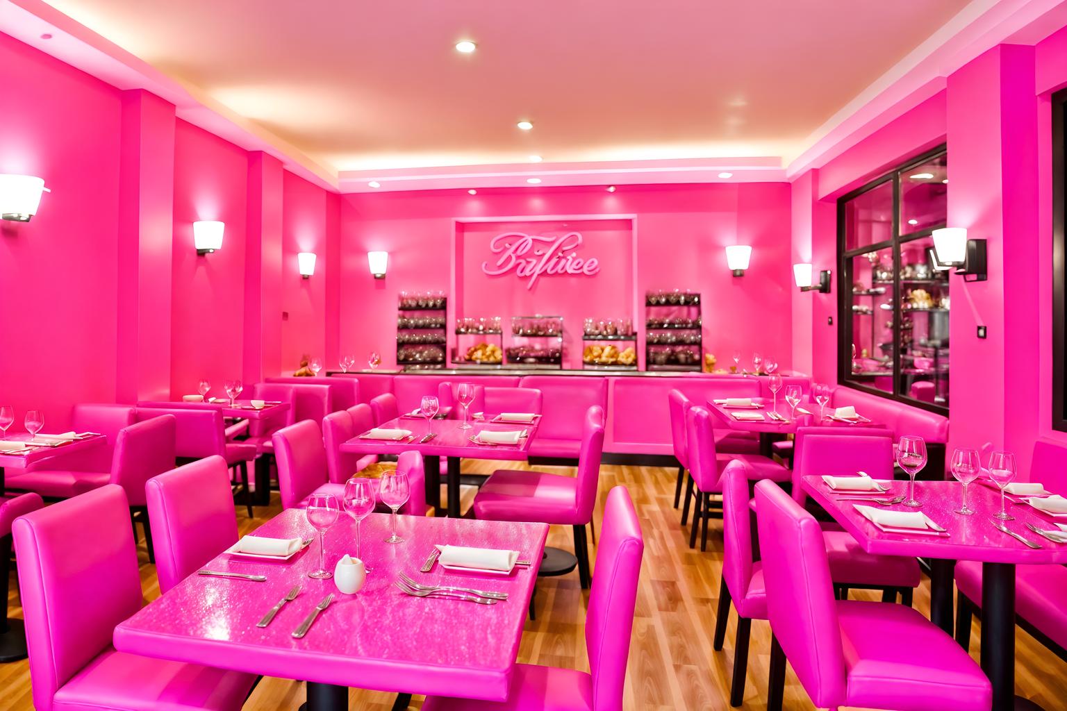 hot pink-style (restaurant interior) with restaurant dining tables and restaurant chairs and restaurant bar and restaurant decor and restaurant dining tables. . with barbie bold rosy hues like fuchsia and magenta and barbie sofa and barbie glitter and sparkle and hot pink barbie walls and hot pink barbie colors and barbie style interior and barbie closet and barbie plastic interior. . cinematic photo, highly detailed, cinematic lighting, ultra-detailed, ultrarealistic, photorealism, 8k. hot pink interior design style. masterpiece, cinematic light, ultrarealistic+, photorealistic+, 8k, raw photo, realistic, sharp focus on eyes, (symmetrical eyes), (intact eyes), hyperrealistic, highest quality, best quality, , highly detailed, masterpiece, best quality, extremely detailed 8k wallpaper, masterpiece, best quality, ultra-detailed, best shadow, detailed background, detailed face, detailed eyes, high contrast, best illumination, detailed face, dulux, caustic, dynamic angle, detailed glow. dramatic lighting. highly detailed, insanely detailed hair, symmetrical, intricate details, professionally retouched, 8k high definition. strong bokeh. award winning photo.