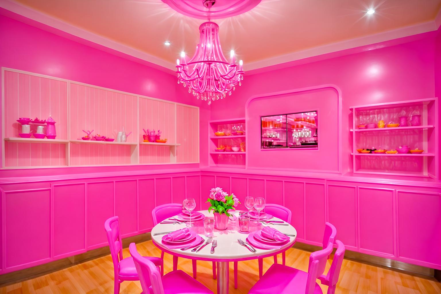 hot pink-style (restaurant interior) with restaurant dining tables and restaurant chairs and restaurant bar and restaurant decor and restaurant dining tables. . with barbie bold rosy hues like fuchsia and magenta and barbie sofa and barbie glitter and sparkle and hot pink barbie walls and hot pink barbie colors and barbie style interior and barbie closet and barbie plastic interior. . cinematic photo, highly detailed, cinematic lighting, ultra-detailed, ultrarealistic, photorealism, 8k. hot pink interior design style. masterpiece, cinematic light, ultrarealistic+, photorealistic+, 8k, raw photo, realistic, sharp focus on eyes, (symmetrical eyes), (intact eyes), hyperrealistic, highest quality, best quality, , highly detailed, masterpiece, best quality, extremely detailed 8k wallpaper, masterpiece, best quality, ultra-detailed, best shadow, detailed background, detailed face, detailed eyes, high contrast, best illumination, detailed face, dulux, caustic, dynamic angle, detailed glow. dramatic lighting. highly detailed, insanely detailed hair, symmetrical, intricate details, professionally retouched, 8k high definition. strong bokeh. award winning photo.