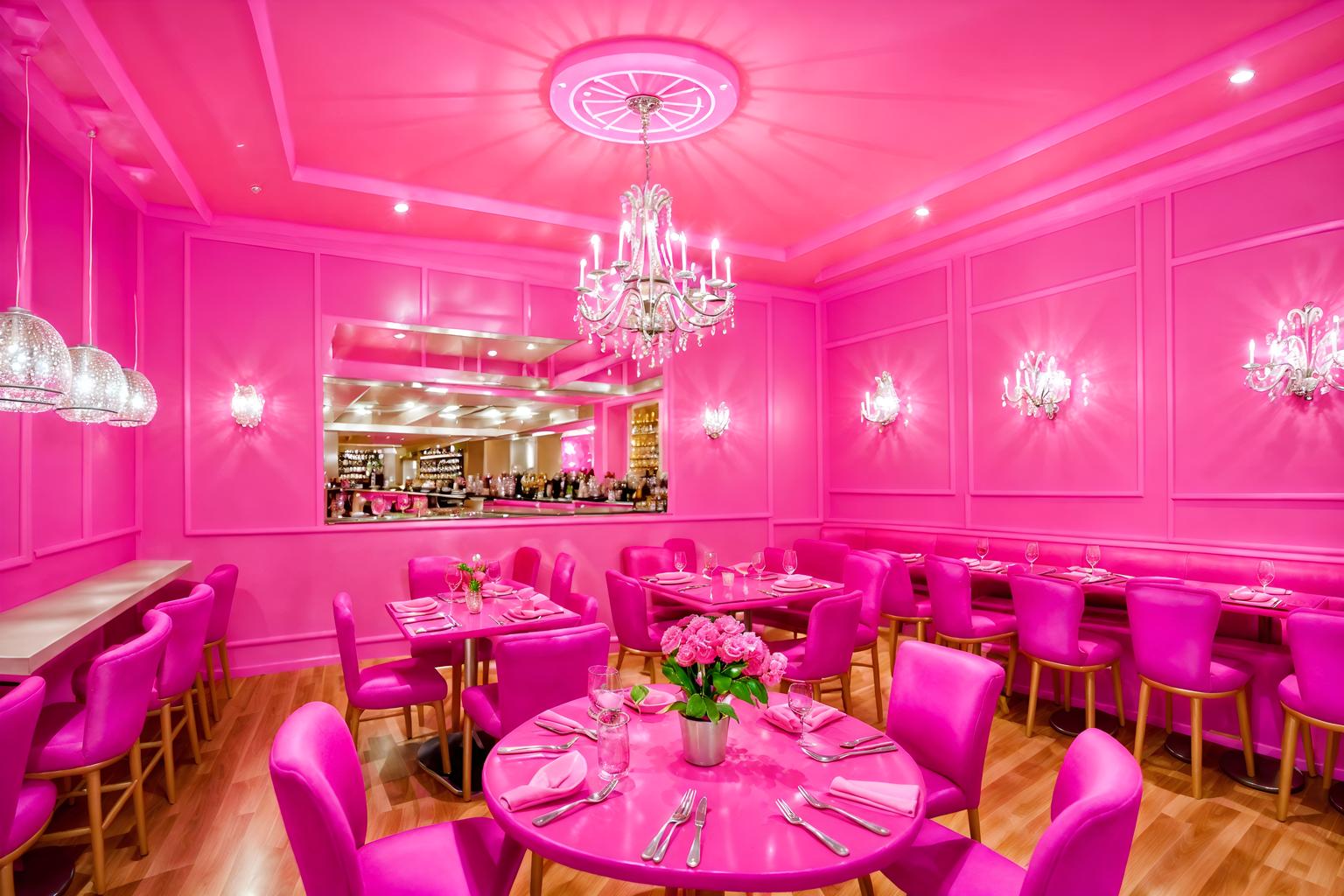 hot pink-style (restaurant interior) with restaurant dining tables and restaurant chairs and restaurant bar and restaurant decor and restaurant dining tables. . with barbie bold rosy hues like fuchsia and magenta and barbie sofa and barbie glitter and sparkle and hot pink barbie walls and hot pink barbie colors and barbie style interior and barbie closet and barbie plastic interior. . cinematic photo, highly detailed, cinematic lighting, ultra-detailed, ultrarealistic, photorealism, 8k. hot pink interior design style. masterpiece, cinematic light, ultrarealistic+, photorealistic+, 8k, raw photo, realistic, sharp focus on eyes, (symmetrical eyes), (intact eyes), hyperrealistic, highest quality, best quality, , highly detailed, masterpiece, best quality, extremely detailed 8k wallpaper, masterpiece, best quality, ultra-detailed, best shadow, detailed background, detailed face, detailed eyes, high contrast, best illumination, detailed face, dulux, caustic, dynamic angle, detailed glow. dramatic lighting. highly detailed, insanely detailed hair, symmetrical, intricate details, professionally retouched, 8k high definition. strong bokeh. award winning photo.