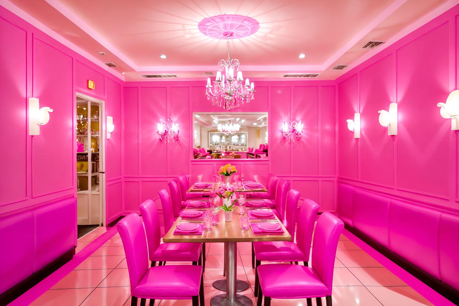 hot pink-style (restaurant interior) with restaurant dining tables and restaurant chairs and restaurant bar and restaurant decor and restaurant dining tables. . with barbie bold rosy hues like fuchsia and magenta and barbie sofa and barbie glitter and sparkle and hot pink barbie walls and hot pink barbie colors and barbie style interior and barbie closet and barbie plastic interior. . cinematic photo, highly detailed, cinematic lighting, ultra-detailed, ultrarealistic, photorealism, 8k. hot pink interior design style. masterpiece, cinematic light, ultrarealistic+, photorealistic+, 8k, raw photo, realistic, sharp focus on eyes, (symmetrical eyes), (intact eyes), hyperrealistic, highest quality, best quality, , highly detailed, masterpiece, best quality, extremely detailed 8k wallpaper, masterpiece, best quality, ultra-detailed, best shadow, detailed background, detailed face, detailed eyes, high contrast, best illumination, detailed face, dulux, caustic, dynamic angle, detailed glow. dramatic lighting. highly detailed, insanely detailed hair, symmetrical, intricate details, professionally retouched, 8k high definition. strong bokeh. award winning photo.