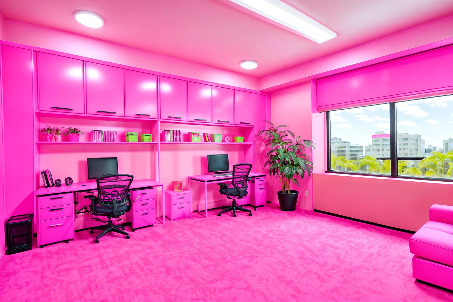 hot pink-style (office interior) with cabinets and computer desks and seating area with sofa and office desks and windows and lounge chairs and office chairs and plants. . with barbie style interior and barbie closet and barbie sofa and barbie chairs and hot pink barbie walls and hot pink barbie colors and barbie plastic interior and barbie bold rosy hues like fuchsia and magenta. . cinematic photo, highly detailed, cinematic lighting, ultra-detailed, ultrarealistic, photorealism, 8k. hot pink interior design style. masterpiece, cinematic light, ultrarealistic+, photorealistic+, 8k, raw photo, realistic, sharp focus on eyes, (symmetrical eyes), (intact eyes), hyperrealistic, highest quality, best quality, , highly detailed, masterpiece, best quality, extremely detailed 8k wallpaper, masterpiece, best quality, ultra-detailed, best shadow, detailed background, detailed face, detailed eyes, high contrast, best illumination, detailed face, dulux, caustic, dynamic angle, detailed glow. dramatic lighting. highly detailed, insanely detailed hair, symmetrical, intricate details, professionally retouched, 8k high definition. strong bokeh. award winning photo.