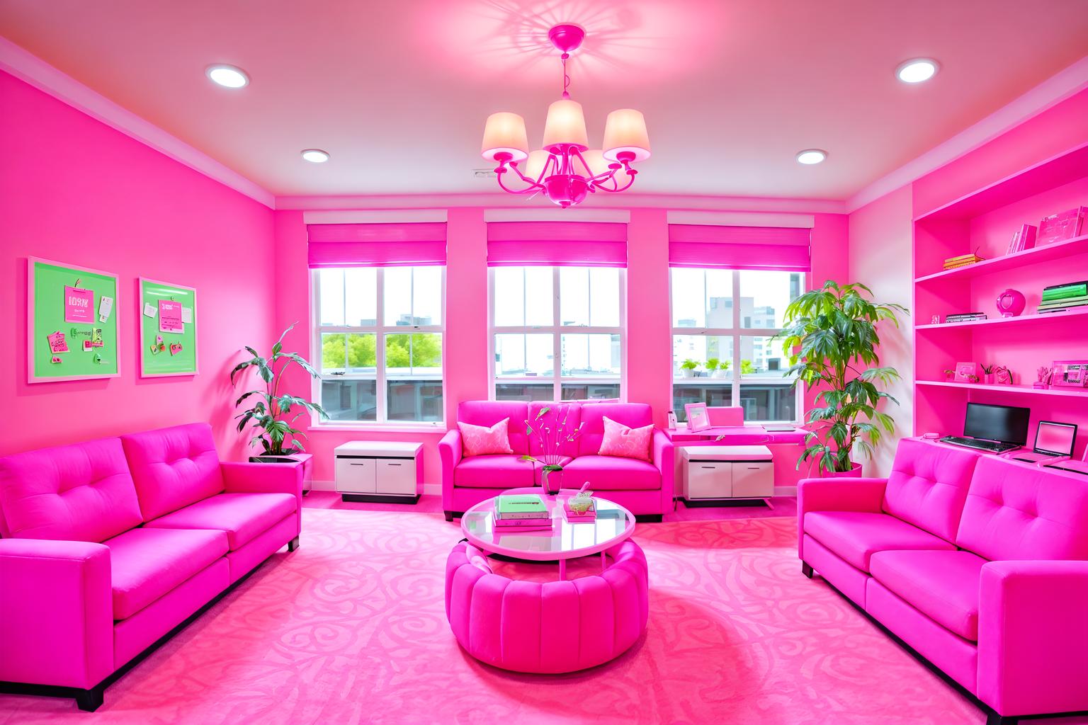 hot pink-style (office interior) with cabinets and computer desks and seating area with sofa and office desks and windows and lounge chairs and office chairs and plants. . with barbie style interior and barbie closet and barbie sofa and barbie chairs and hot pink barbie walls and hot pink barbie colors and barbie plastic interior and barbie bold rosy hues like fuchsia and magenta. . cinematic photo, highly detailed, cinematic lighting, ultra-detailed, ultrarealistic, photorealism, 8k. hot pink interior design style. masterpiece, cinematic light, ultrarealistic+, photorealistic+, 8k, raw photo, realistic, sharp focus on eyes, (symmetrical eyes), (intact eyes), hyperrealistic, highest quality, best quality, , highly detailed, masterpiece, best quality, extremely detailed 8k wallpaper, masterpiece, best quality, ultra-detailed, best shadow, detailed background, detailed face, detailed eyes, high contrast, best illumination, detailed face, dulux, caustic, dynamic angle, detailed glow. dramatic lighting. highly detailed, insanely detailed hair, symmetrical, intricate details, professionally retouched, 8k high definition. strong bokeh. award winning photo.