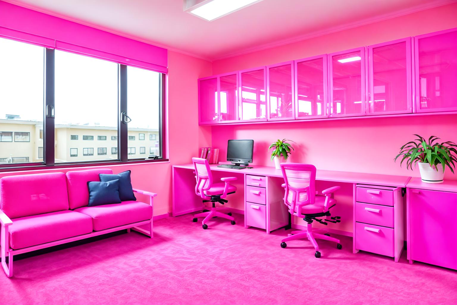 hot pink-style (office interior) with cabinets and computer desks and seating area with sofa and office desks and windows and lounge chairs and office chairs and plants. . with barbie style interior and barbie closet and barbie sofa and barbie chairs and hot pink barbie walls and hot pink barbie colors and barbie plastic interior and barbie bold rosy hues like fuchsia and magenta. . cinematic photo, highly detailed, cinematic lighting, ultra-detailed, ultrarealistic, photorealism, 8k. hot pink interior design style. masterpiece, cinematic light, ultrarealistic+, photorealistic+, 8k, raw photo, realistic, sharp focus on eyes, (symmetrical eyes), (intact eyes), hyperrealistic, highest quality, best quality, , highly detailed, masterpiece, best quality, extremely detailed 8k wallpaper, masterpiece, best quality, ultra-detailed, best shadow, detailed background, detailed face, detailed eyes, high contrast, best illumination, detailed face, dulux, caustic, dynamic angle, detailed glow. dramatic lighting. highly detailed, insanely detailed hair, symmetrical, intricate details, professionally retouched, 8k high definition. strong bokeh. award winning photo.