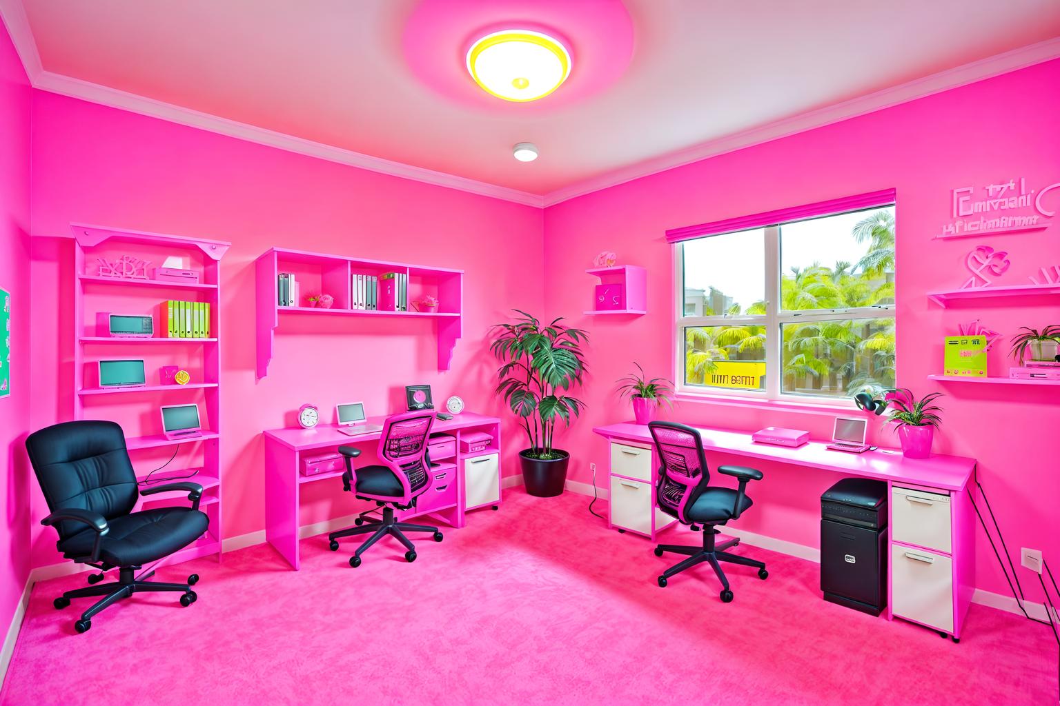 hot pink-style (office interior) with cabinets and computer desks and seating area with sofa and office desks and windows and lounge chairs and office chairs and plants. . with barbie style interior and barbie closet and barbie sofa and barbie chairs and hot pink barbie walls and hot pink barbie colors and barbie plastic interior and barbie bold rosy hues like fuchsia and magenta. . cinematic photo, highly detailed, cinematic lighting, ultra-detailed, ultrarealistic, photorealism, 8k. hot pink interior design style. masterpiece, cinematic light, ultrarealistic+, photorealistic+, 8k, raw photo, realistic, sharp focus on eyes, (symmetrical eyes), (intact eyes), hyperrealistic, highest quality, best quality, , highly detailed, masterpiece, best quality, extremely detailed 8k wallpaper, masterpiece, best quality, ultra-detailed, best shadow, detailed background, detailed face, detailed eyes, high contrast, best illumination, detailed face, dulux, caustic, dynamic angle, detailed glow. dramatic lighting. highly detailed, insanely detailed hair, symmetrical, intricate details, professionally retouched, 8k high definition. strong bokeh. award winning photo.