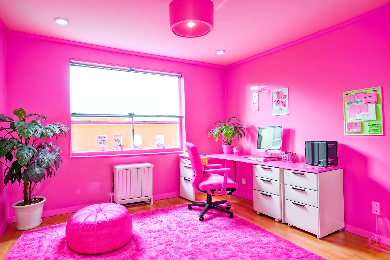 hot pink-style (office interior) with cabinets and computer desks and seating area with sofa and office desks and windows and lounge chairs and office chairs and plants. . with barbie style interior and barbie closet and barbie sofa and barbie chairs and hot pink barbie walls and hot pink barbie colors and barbie plastic interior and barbie bold rosy hues like fuchsia and magenta. . cinematic photo, highly detailed, cinematic lighting, ultra-detailed, ultrarealistic, photorealism, 8k. hot pink interior design style. masterpiece, cinematic light, ultrarealistic+, photorealistic+, 8k, raw photo, realistic, sharp focus on eyes, (symmetrical eyes), (intact eyes), hyperrealistic, highest quality, best quality, , highly detailed, masterpiece, best quality, extremely detailed 8k wallpaper, masterpiece, best quality, ultra-detailed, best shadow, detailed background, detailed face, detailed eyes, high contrast, best illumination, detailed face, dulux, caustic, dynamic angle, detailed glow. dramatic lighting. highly detailed, insanely detailed hair, symmetrical, intricate details, professionally retouched, 8k high definition. strong bokeh. award winning photo.