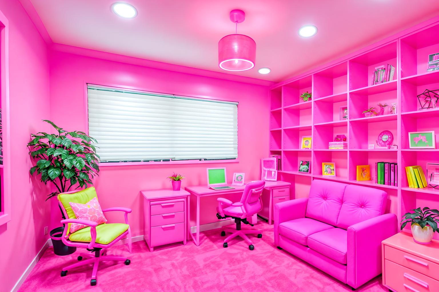 hot pink-style (office interior) with cabinets and computer desks and seating area with sofa and office desks and windows and lounge chairs and office chairs and plants. . with barbie style interior and barbie closet and barbie sofa and barbie chairs and hot pink barbie walls and hot pink barbie colors and barbie plastic interior and barbie bold rosy hues like fuchsia and magenta. . cinematic photo, highly detailed, cinematic lighting, ultra-detailed, ultrarealistic, photorealism, 8k. hot pink interior design style. masterpiece, cinematic light, ultrarealistic+, photorealistic+, 8k, raw photo, realistic, sharp focus on eyes, (symmetrical eyes), (intact eyes), hyperrealistic, highest quality, best quality, , highly detailed, masterpiece, best quality, extremely detailed 8k wallpaper, masterpiece, best quality, ultra-detailed, best shadow, detailed background, detailed face, detailed eyes, high contrast, best illumination, detailed face, dulux, caustic, dynamic angle, detailed glow. dramatic lighting. highly detailed, insanely detailed hair, symmetrical, intricate details, professionally retouched, 8k high definition. strong bokeh. award winning photo.