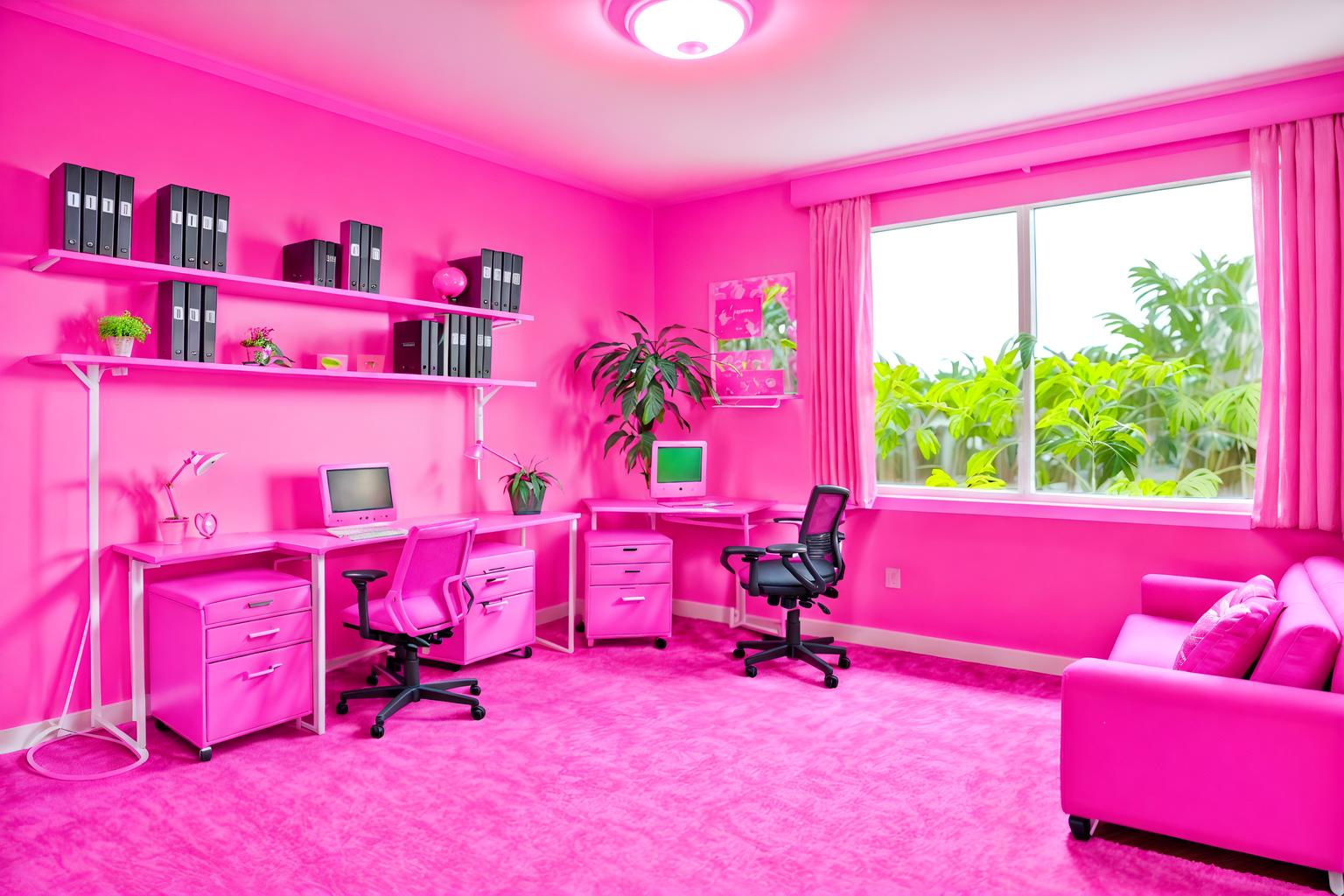 hot pink-style (office interior) with cabinets and computer desks and seating area with sofa and office desks and windows and lounge chairs and office chairs and plants. . with barbie style interior and barbie closet and barbie sofa and barbie chairs and hot pink barbie walls and hot pink barbie colors and barbie plastic interior and barbie bold rosy hues like fuchsia and magenta. . cinematic photo, highly detailed, cinematic lighting, ultra-detailed, ultrarealistic, photorealism, 8k. hot pink interior design style. masterpiece, cinematic light, ultrarealistic+, photorealistic+, 8k, raw photo, realistic, sharp focus on eyes, (symmetrical eyes), (intact eyes), hyperrealistic, highest quality, best quality, , highly detailed, masterpiece, best quality, extremely detailed 8k wallpaper, masterpiece, best quality, ultra-detailed, best shadow, detailed background, detailed face, detailed eyes, high contrast, best illumination, detailed face, dulux, caustic, dynamic angle, detailed glow. dramatic lighting. highly detailed, insanely detailed hair, symmetrical, intricate details, professionally retouched, 8k high definition. strong bokeh. award winning photo.