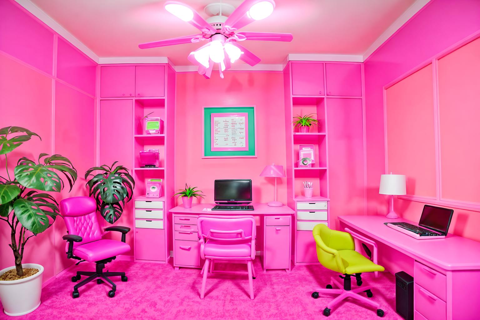 hot pink-style (office interior) with cabinets and computer desks and seating area with sofa and office desks and windows and lounge chairs and office chairs and plants. . with barbie style interior and barbie closet and barbie sofa and barbie chairs and hot pink barbie walls and hot pink barbie colors and barbie plastic interior and barbie bold rosy hues like fuchsia and magenta. . cinematic photo, highly detailed, cinematic lighting, ultra-detailed, ultrarealistic, photorealism, 8k. hot pink interior design style. masterpiece, cinematic light, ultrarealistic+, photorealistic+, 8k, raw photo, realistic, sharp focus on eyes, (symmetrical eyes), (intact eyes), hyperrealistic, highest quality, best quality, , highly detailed, masterpiece, best quality, extremely detailed 8k wallpaper, masterpiece, best quality, ultra-detailed, best shadow, detailed background, detailed face, detailed eyes, high contrast, best illumination, detailed face, dulux, caustic, dynamic angle, detailed glow. dramatic lighting. highly detailed, insanely detailed hair, symmetrical, intricate details, professionally retouched, 8k high definition. strong bokeh. award winning photo.