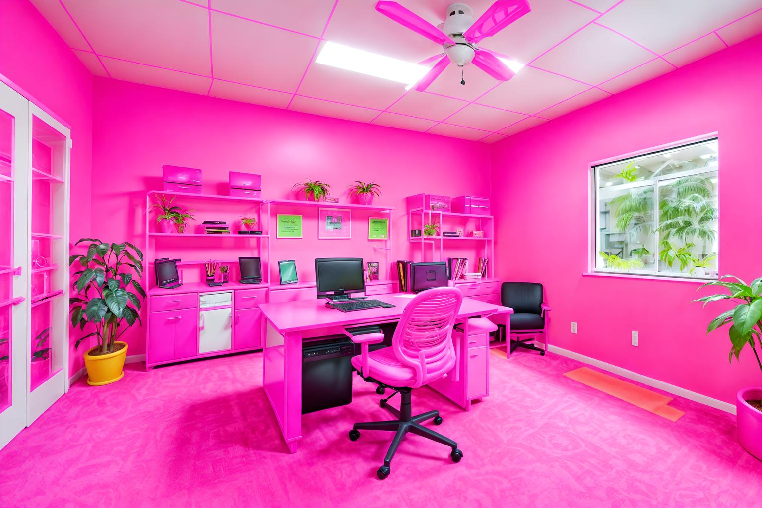 hot pink-style (office interior) with cabinets and computer desks and seating area with sofa and office desks and windows and lounge chairs and office chairs and plants. . with barbie style interior and barbie closet and barbie sofa and barbie chairs and hot pink barbie walls and hot pink barbie colors and barbie plastic interior and barbie bold rosy hues like fuchsia and magenta. . cinematic photo, highly detailed, cinematic lighting, ultra-detailed, ultrarealistic, photorealism, 8k. hot pink interior design style. masterpiece, cinematic light, ultrarealistic+, photorealistic+, 8k, raw photo, realistic, sharp focus on eyes, (symmetrical eyes), (intact eyes), hyperrealistic, highest quality, best quality, , highly detailed, masterpiece, best quality, extremely detailed 8k wallpaper, masterpiece, best quality, ultra-detailed, best shadow, detailed background, detailed face, detailed eyes, high contrast, best illumination, detailed face, dulux, caustic, dynamic angle, detailed glow. dramatic lighting. highly detailed, insanely detailed hair, symmetrical, intricate details, professionally retouched, 8k high definition. strong bokeh. award winning photo.