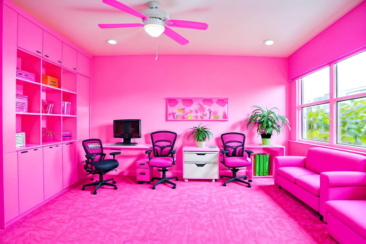 hot pink-style (office interior) with cabinets and computer desks and seating area with sofa and office desks and windows and lounge chairs and office chairs and plants. . with barbie style interior and barbie closet and barbie sofa and barbie chairs and hot pink barbie walls and hot pink barbie colors and barbie plastic interior and barbie bold rosy hues like fuchsia and magenta. . cinematic photo, highly detailed, cinematic lighting, ultra-detailed, ultrarealistic, photorealism, 8k. hot pink interior design style. masterpiece, cinematic light, ultrarealistic+, photorealistic+, 8k, raw photo, realistic, sharp focus on eyes, (symmetrical eyes), (intact eyes), hyperrealistic, highest quality, best quality, , highly detailed, masterpiece, best quality, extremely detailed 8k wallpaper, masterpiece, best quality, ultra-detailed, best shadow, detailed background, detailed face, detailed eyes, high contrast, best illumination, detailed face, dulux, caustic, dynamic angle, detailed glow. dramatic lighting. highly detailed, insanely detailed hair, symmetrical, intricate details, professionally retouched, 8k high definition. strong bokeh. award winning photo.